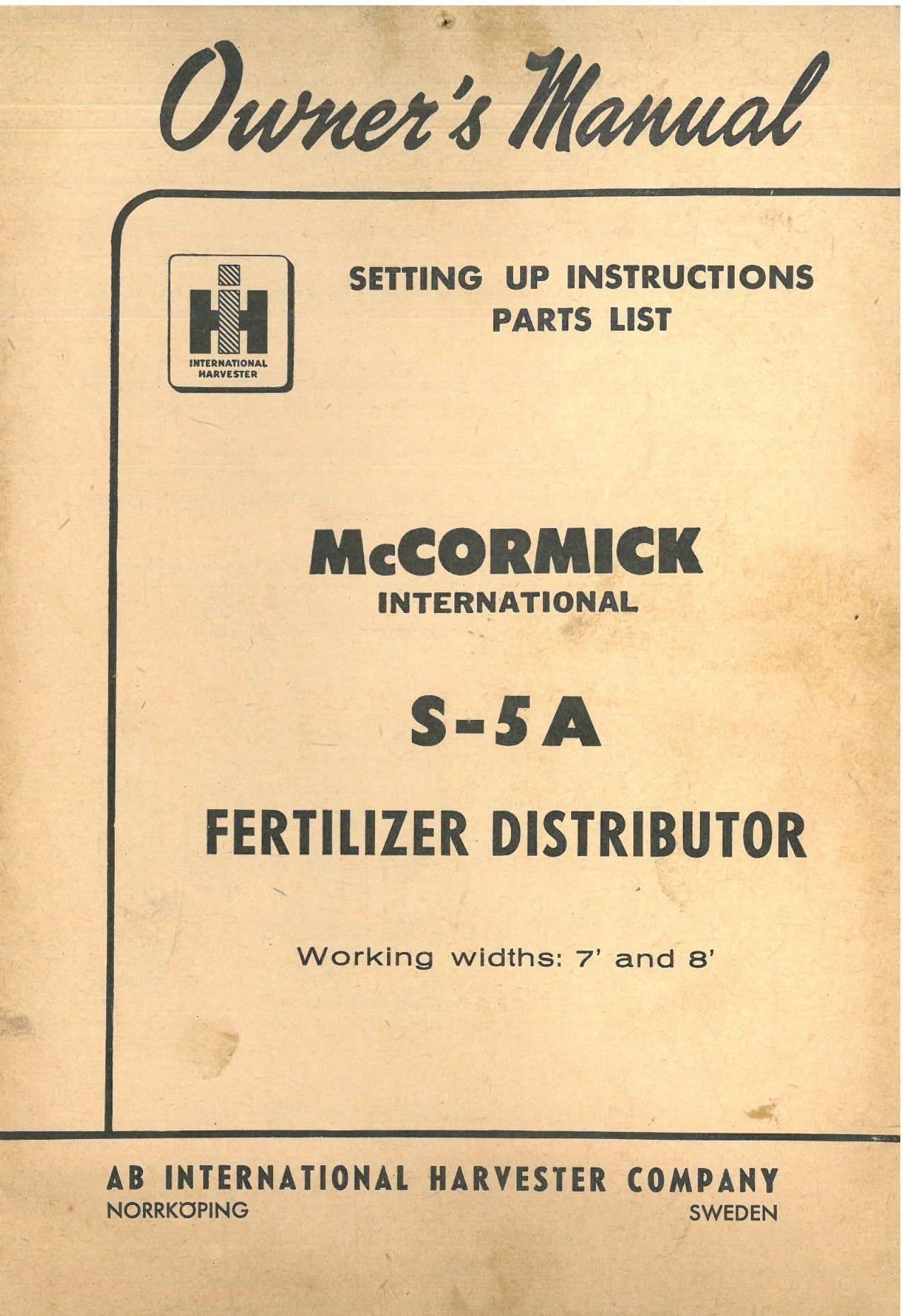 McCormick International S-5A Fertilizer Distributor Operators Manual with Parts List