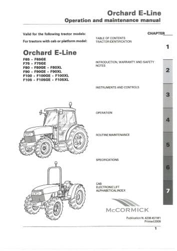 McCormick Tractor Orchard E-Line F65 F65GE F75 F75GE F80 F80GE F80XL F90 F90GE F90X Operators Manual