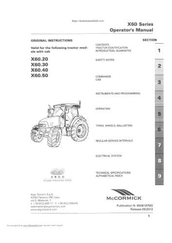 McCormick Tractor X60 Series - X60.20 X60.30 X60.40 X60.50 Operators Manual