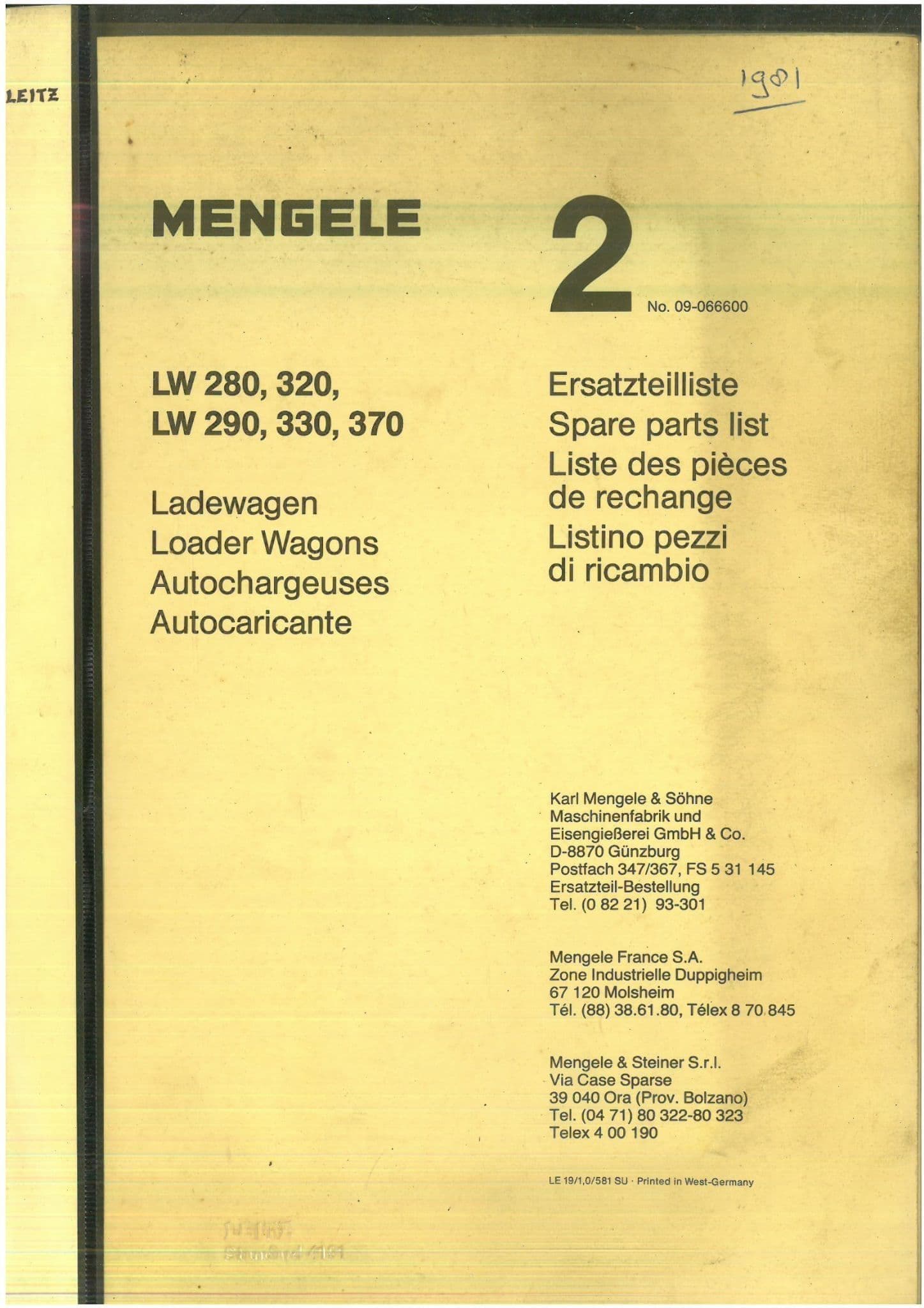 Mengele Loader Wagons LW 280, 290, 320, 330, 370 Parts Manual
