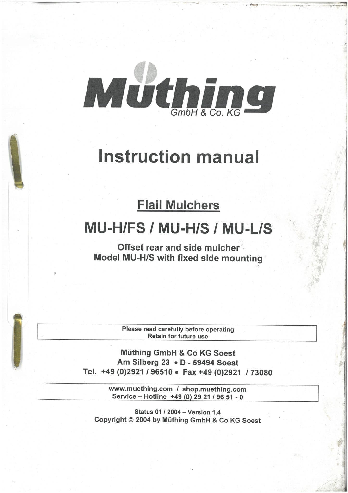 Muthing Flail Mulcher MU-H/FS MU-H/S MU-L/S Operators Manual