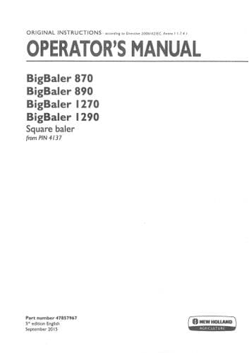 New Holland Big Baler BB870 BB890 BB1270 BB1290 Operators Manual - BB 870 890 1270 1290