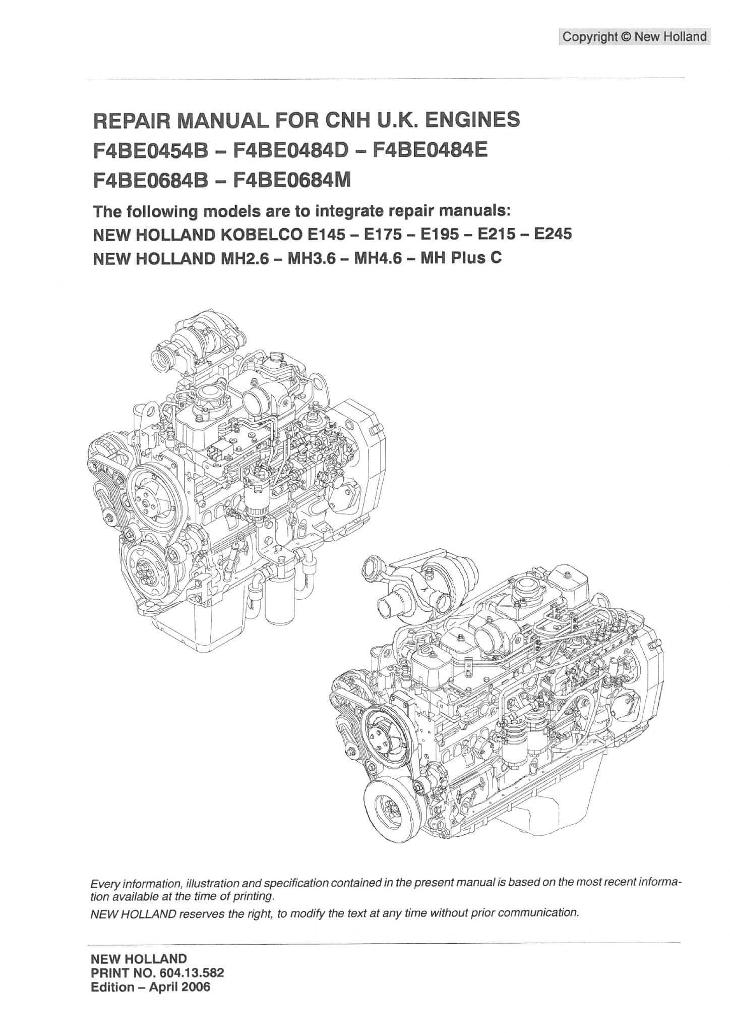 New Holland Engine F4BE0454B F4BE0484D F4BE0484E F4BE0684B F4BE0684M Workshop Service Manual
