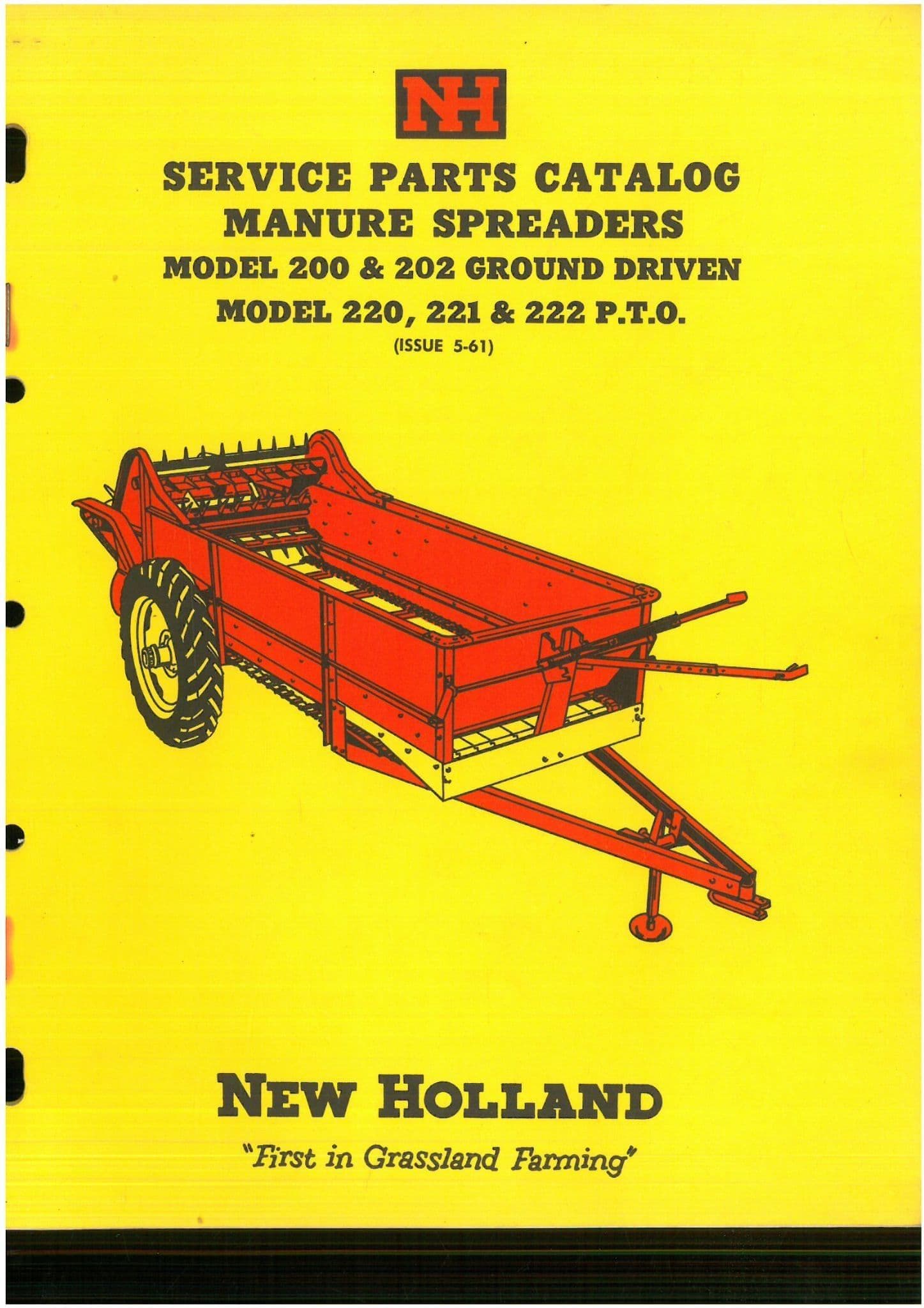 New Holland Manure Spreader Model 200/202 Models 220/221/222 P.T.O Parts Manual