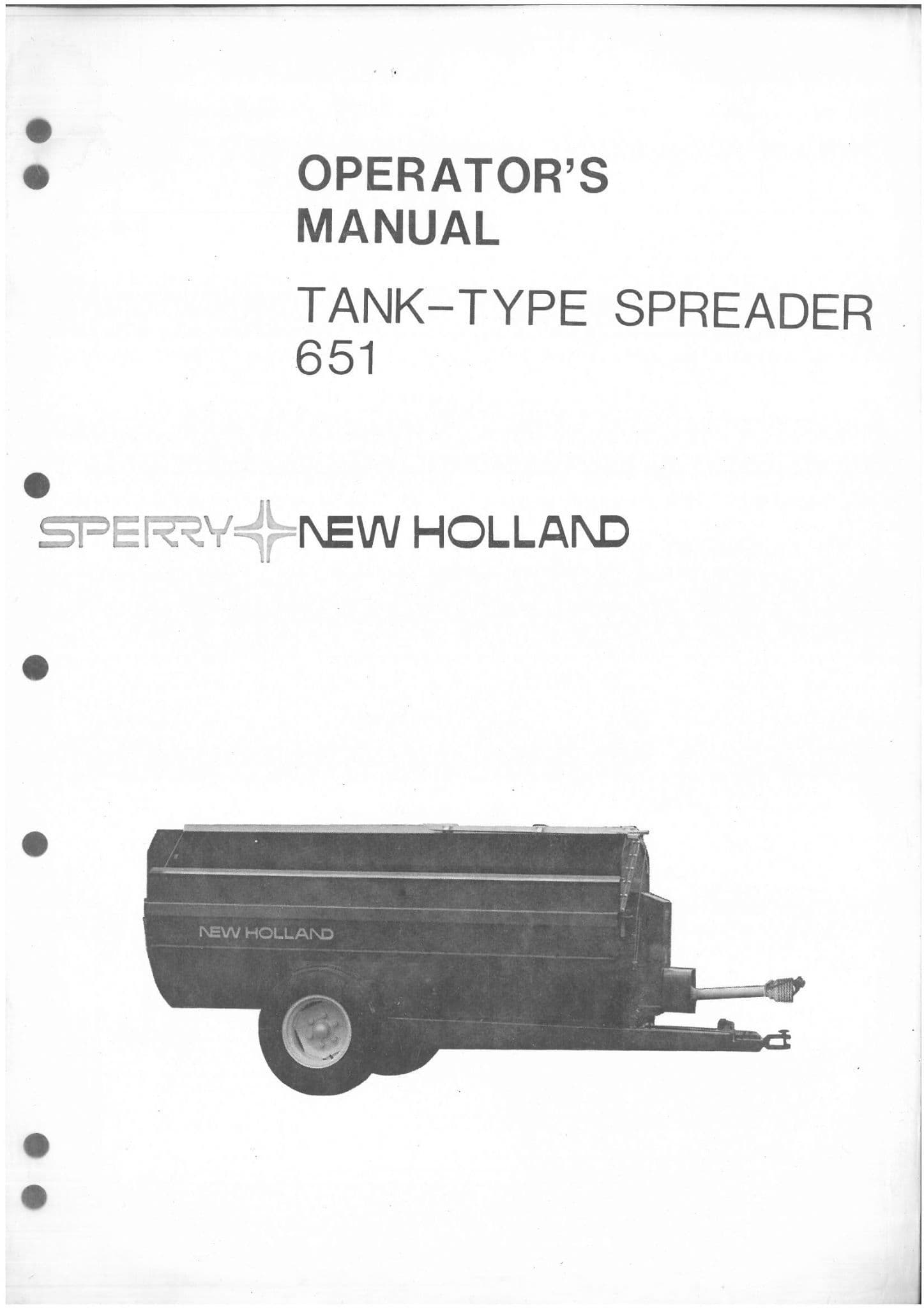 New Holland Manure Tank Spreader Model 651 Operators Manual