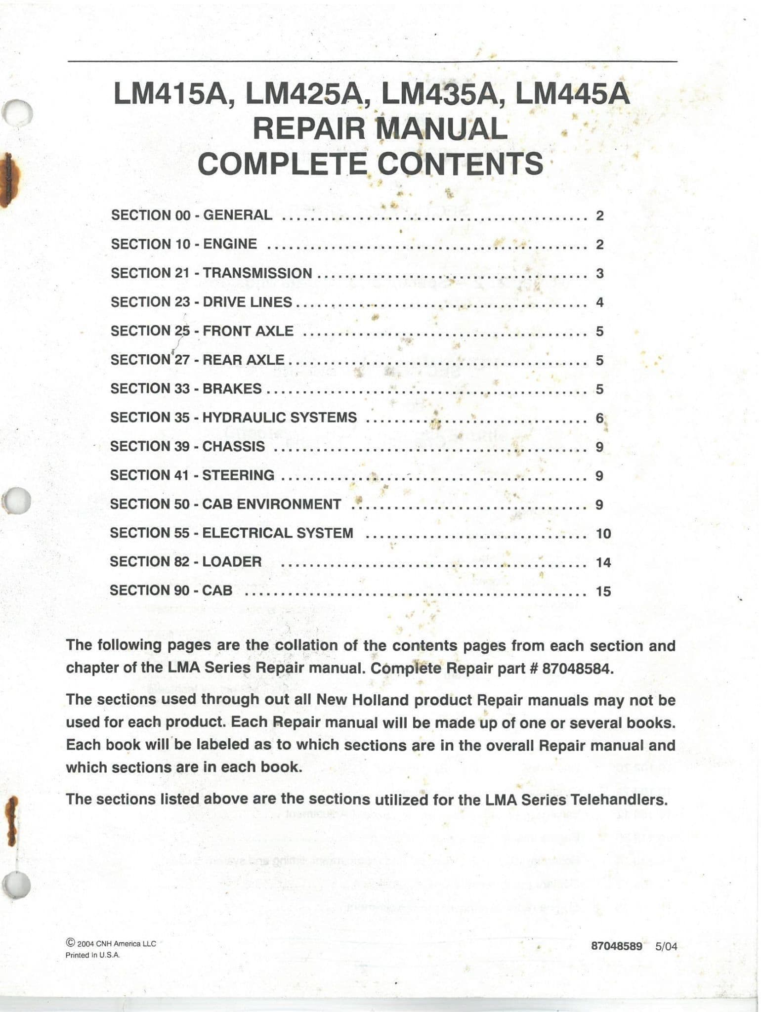 New Holland Telehandler Forklift LM415A LM425A LM425A LM445A Complete Repair Workshop Service Manual