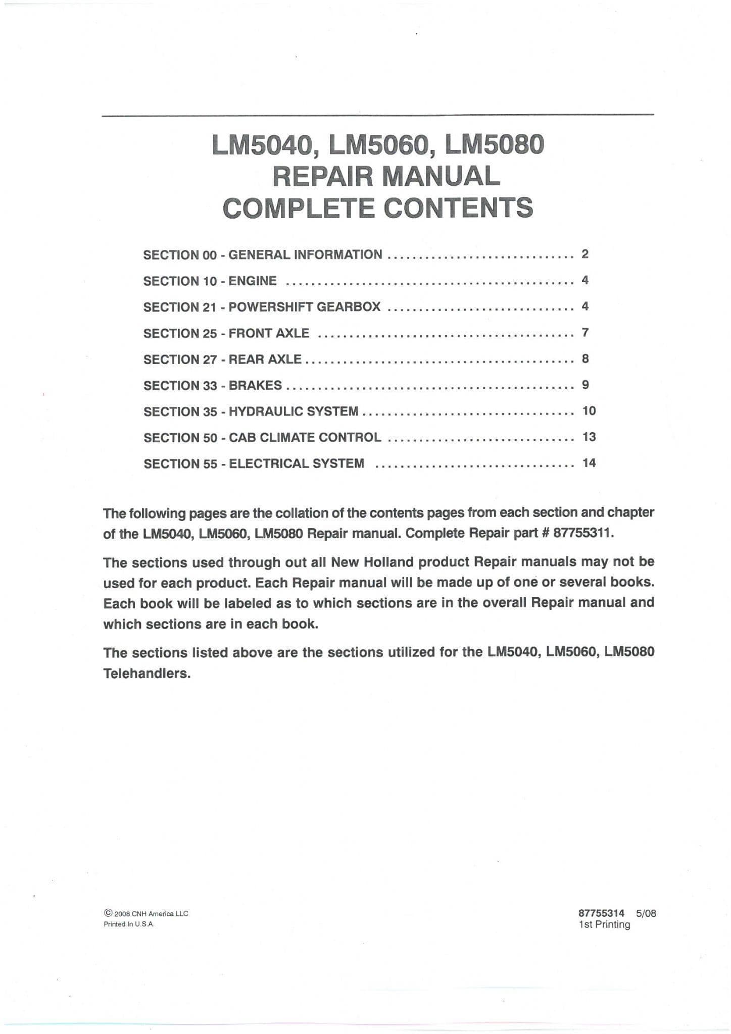 New Holland Telehandler Forklift LM5040 LM5060 LM5080 Workshop Repair Manual LM 5040 5060 5080
