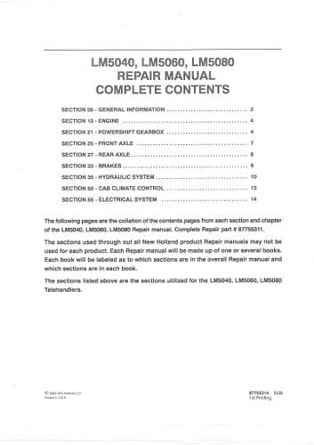 New Holland Telehandler Forklift LM5040 LM5060 LM5080 Workshop Repair Manual LM 5040 5060 5080