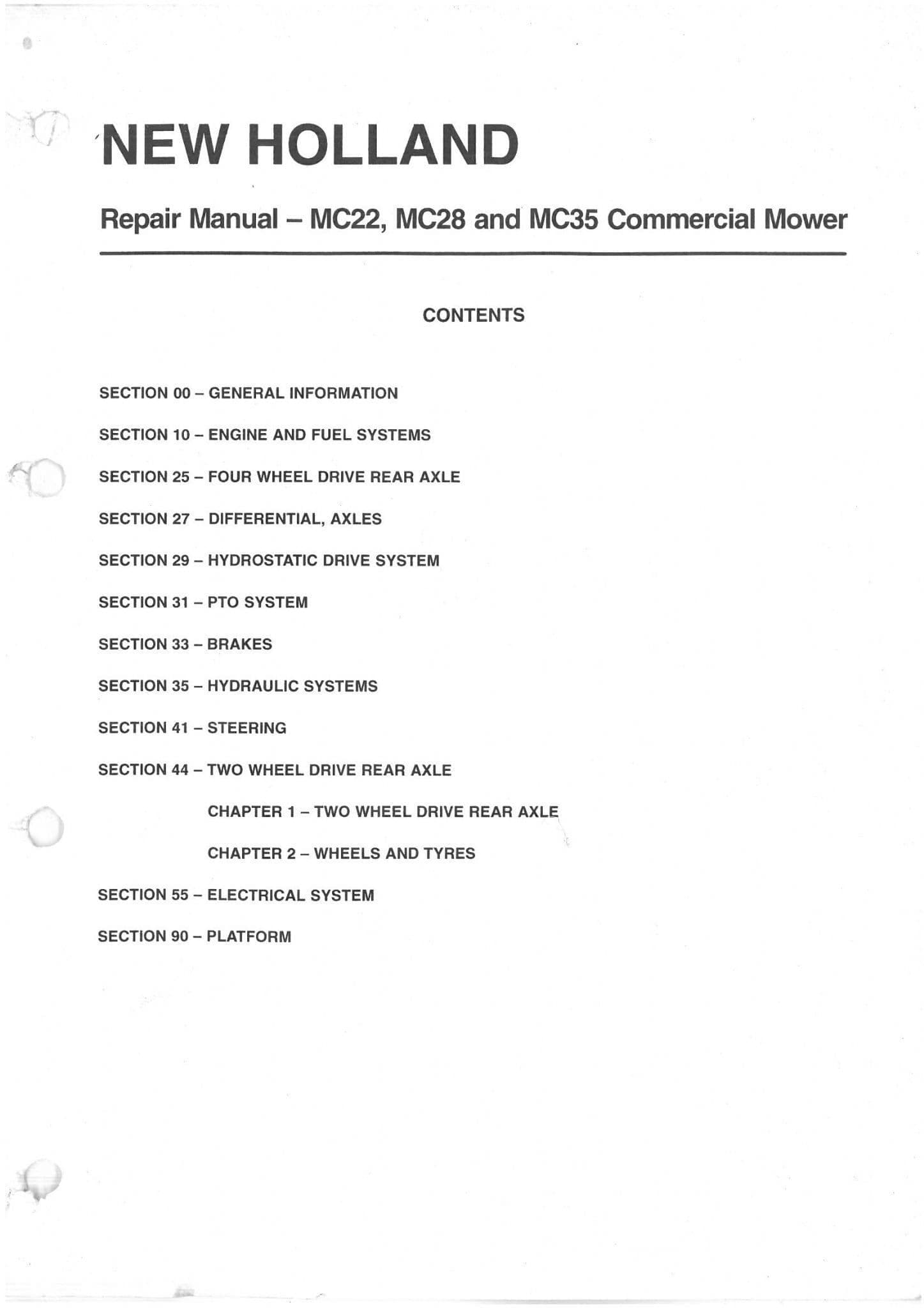 New Holland Tractor Commercial Mower MC22 MC28 MC35 Workshop Service Manual