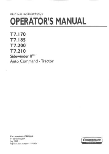 New Holland Tractor T7.170 T7.185 T7.200 T7.210 Sidewinder II - Auto Command Operators Manual
