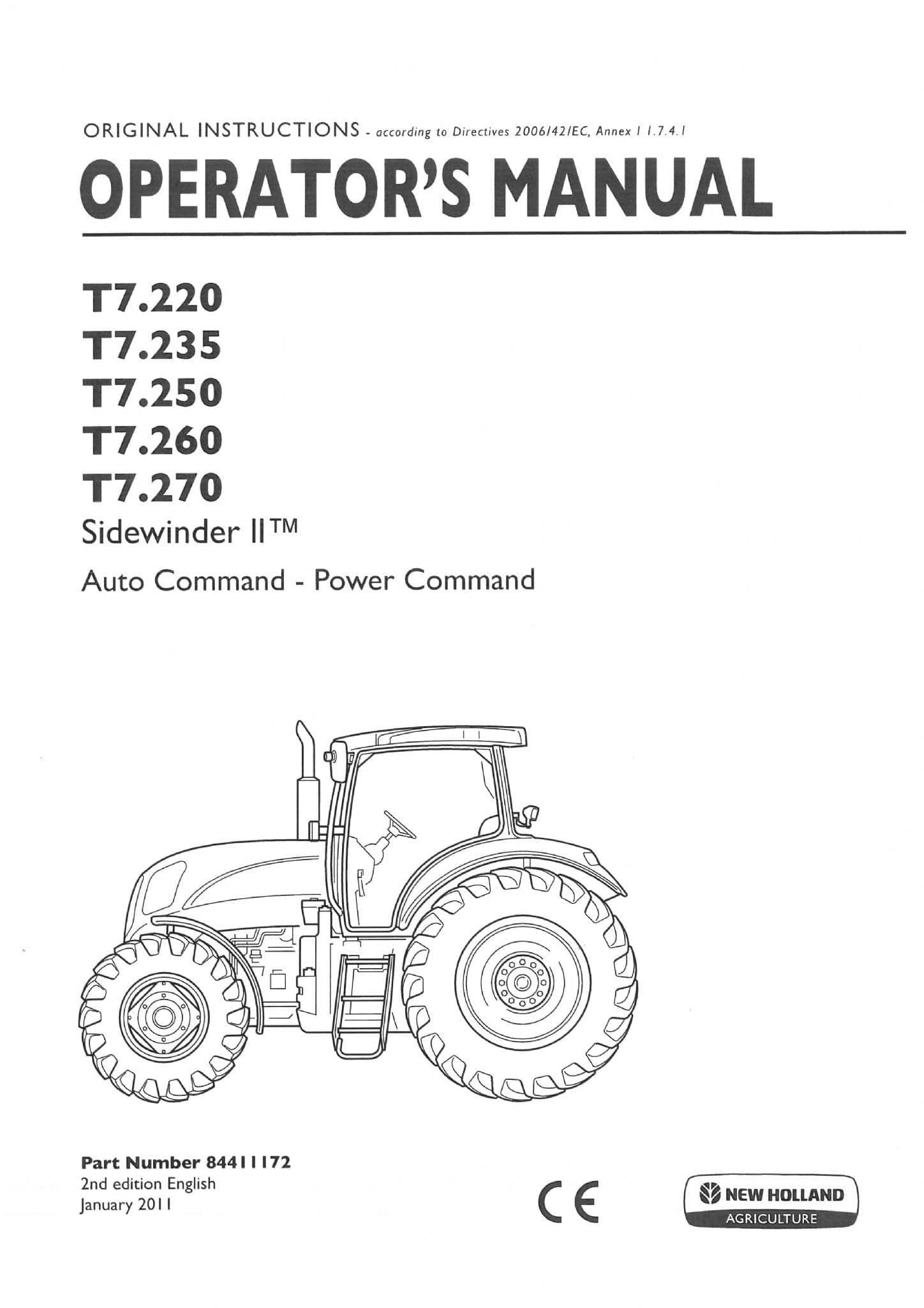 New Holland Tractor  T7.220 T7.235 T7.250 T7.260 T7.270 Sidewinder II  Operators Manual