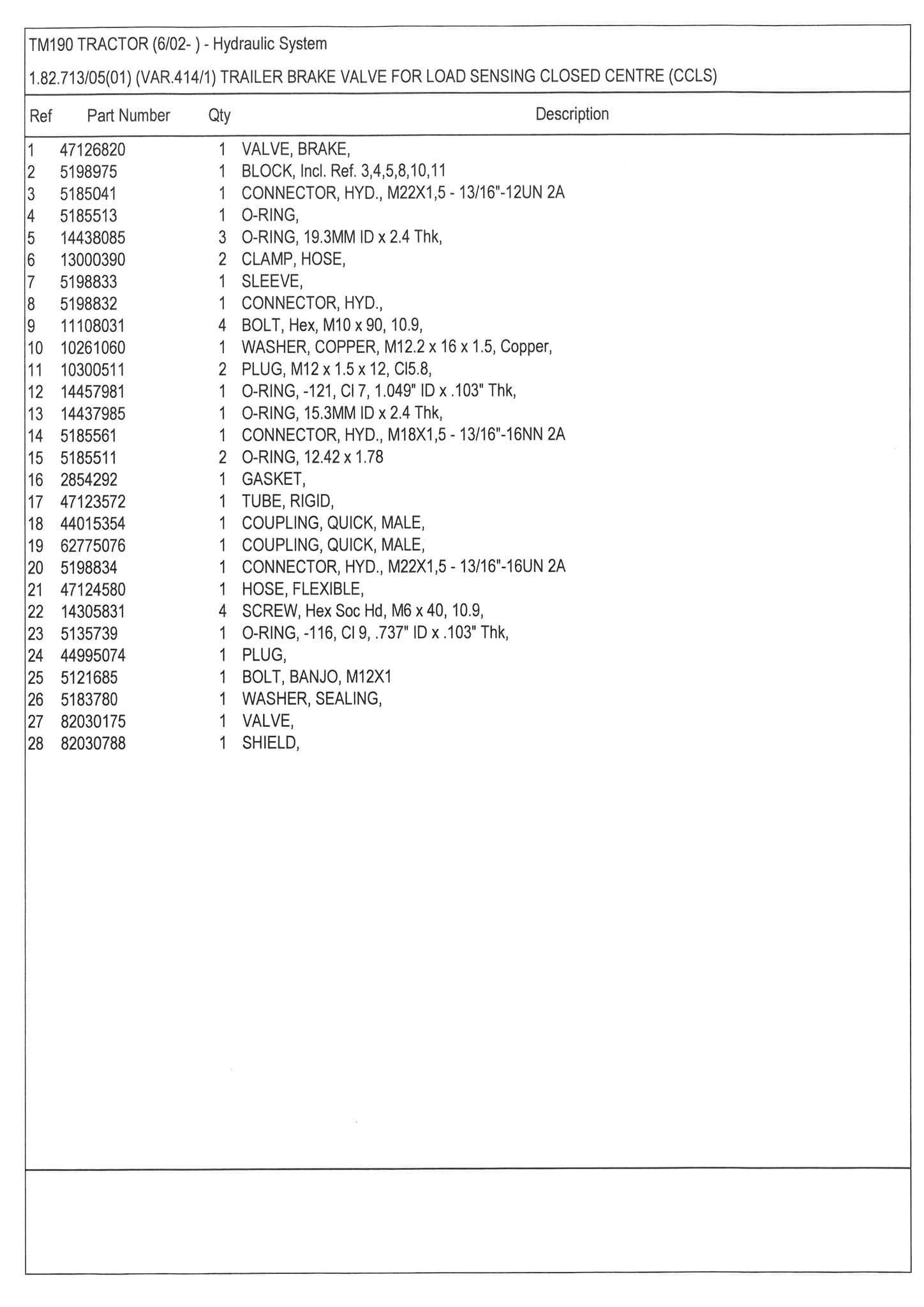 New Holland Tractor TM190 Parts Manual