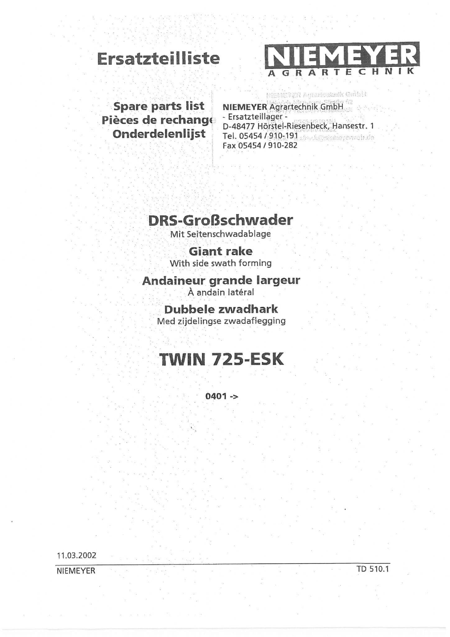 Niemeyer DRS Giant Rake Twin 725ESK Parts Manual