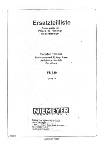 Niemeyer Front Mounted Rotary Rake FS630 Parts Manual