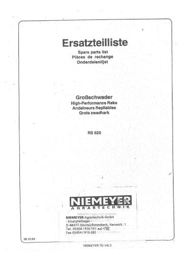Niemeyer  Heavy Duty Rotary Rake RS620 Parts Manual