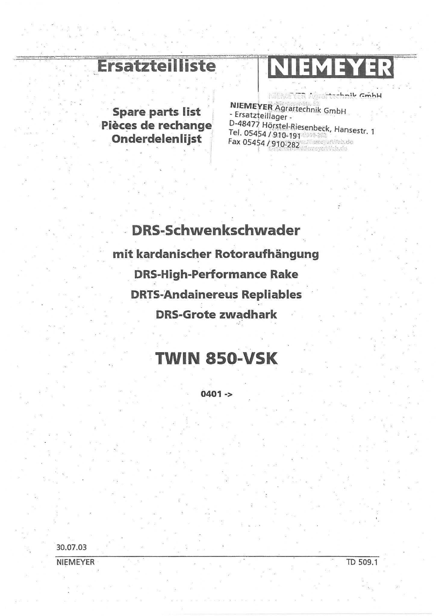 Niemeyer High Performance Rake Twin 850VSK Parts Manual