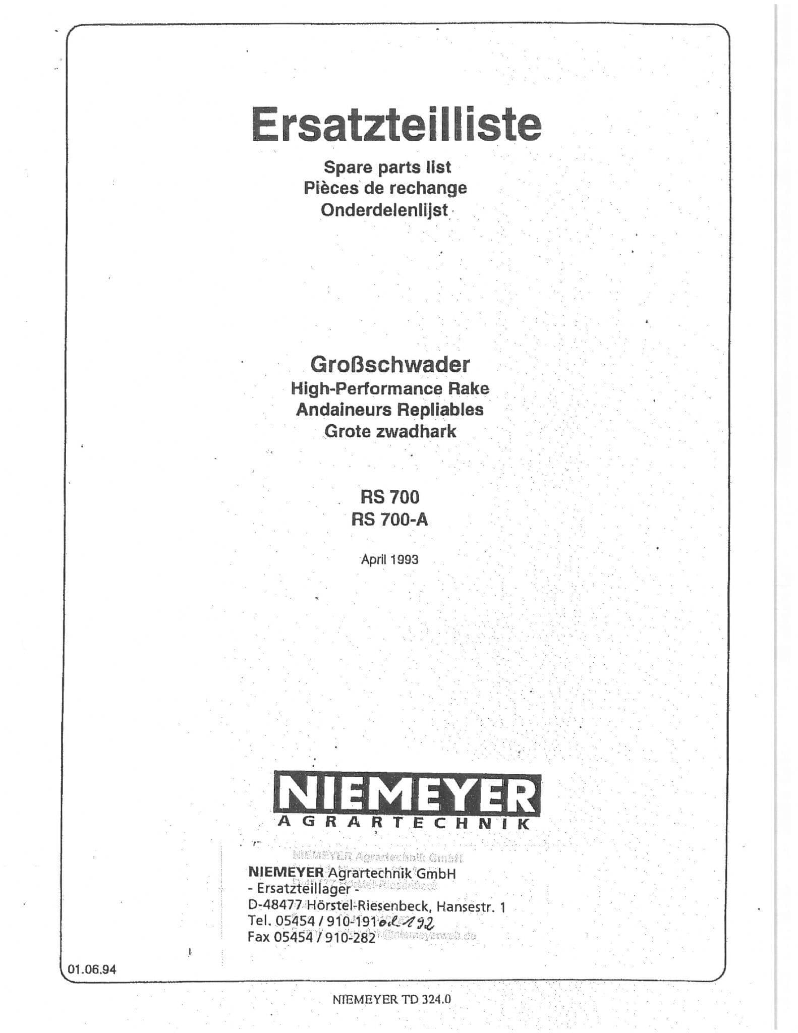 Niemeyer  High Performance Rotary Rake RS700 RS700A Parts Manual