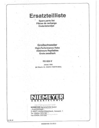Niemeyer  High Performance Rotary Rake RS820V Parts Manual