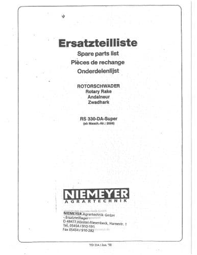 Niemeyer Rotary Rake RS330DA Super Parts Manual