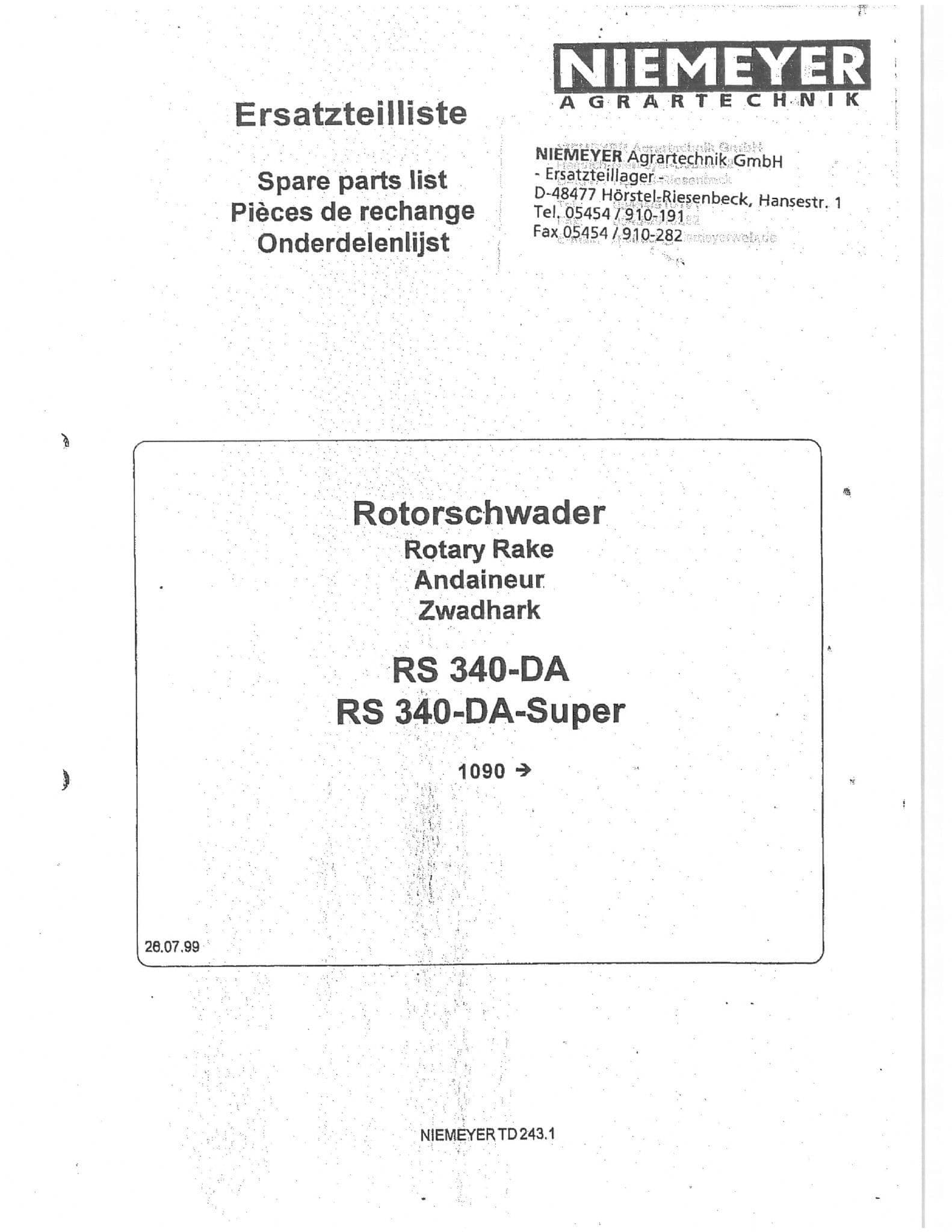 Niemeyer  Rotary Rake RS340DA & RS340DA Super Parts Manual