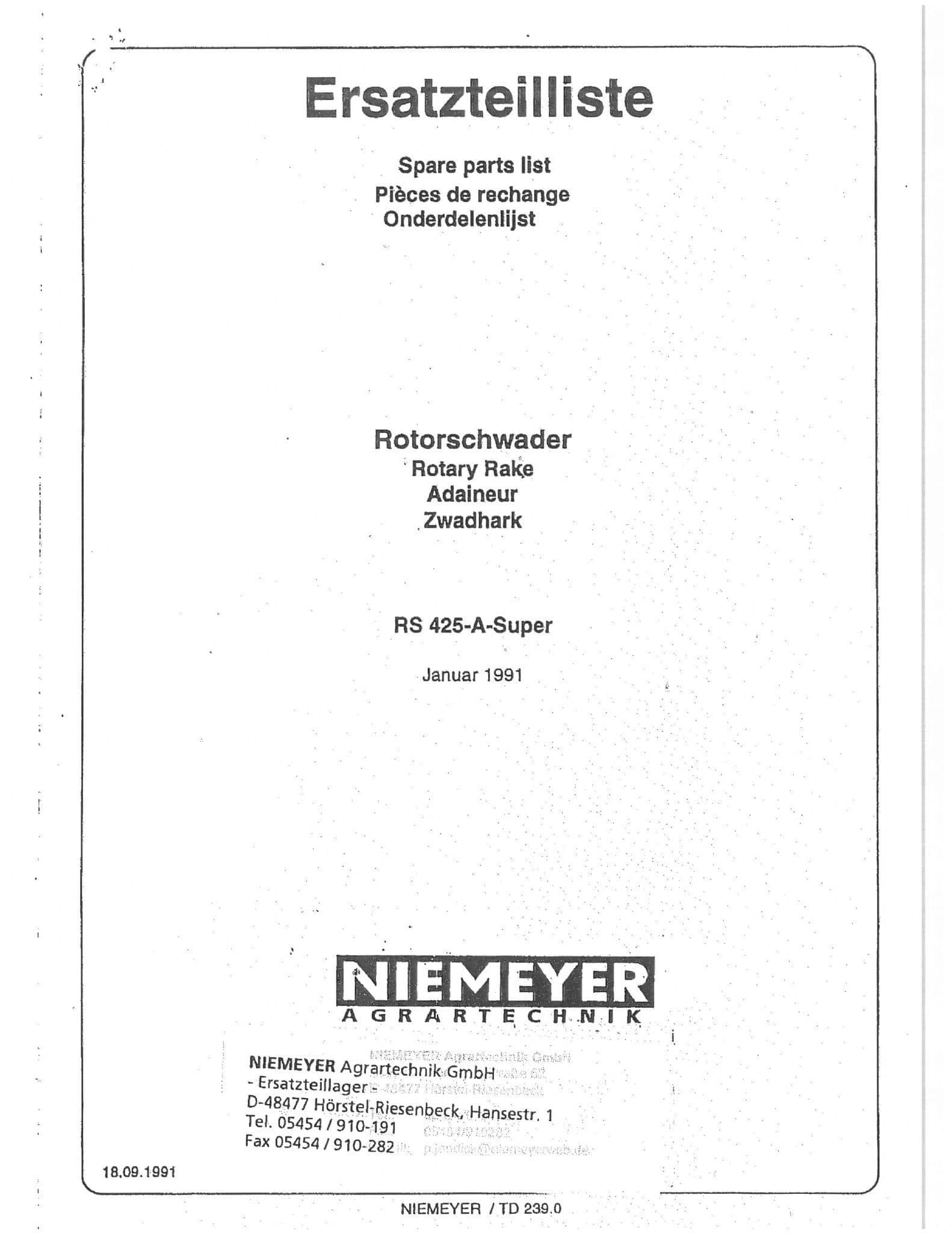 Niemeyer  Rotary Rake RS425A Super Parts Manual