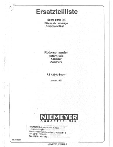 Niemeyer  Rotary Rake RS425A Super Parts Manual