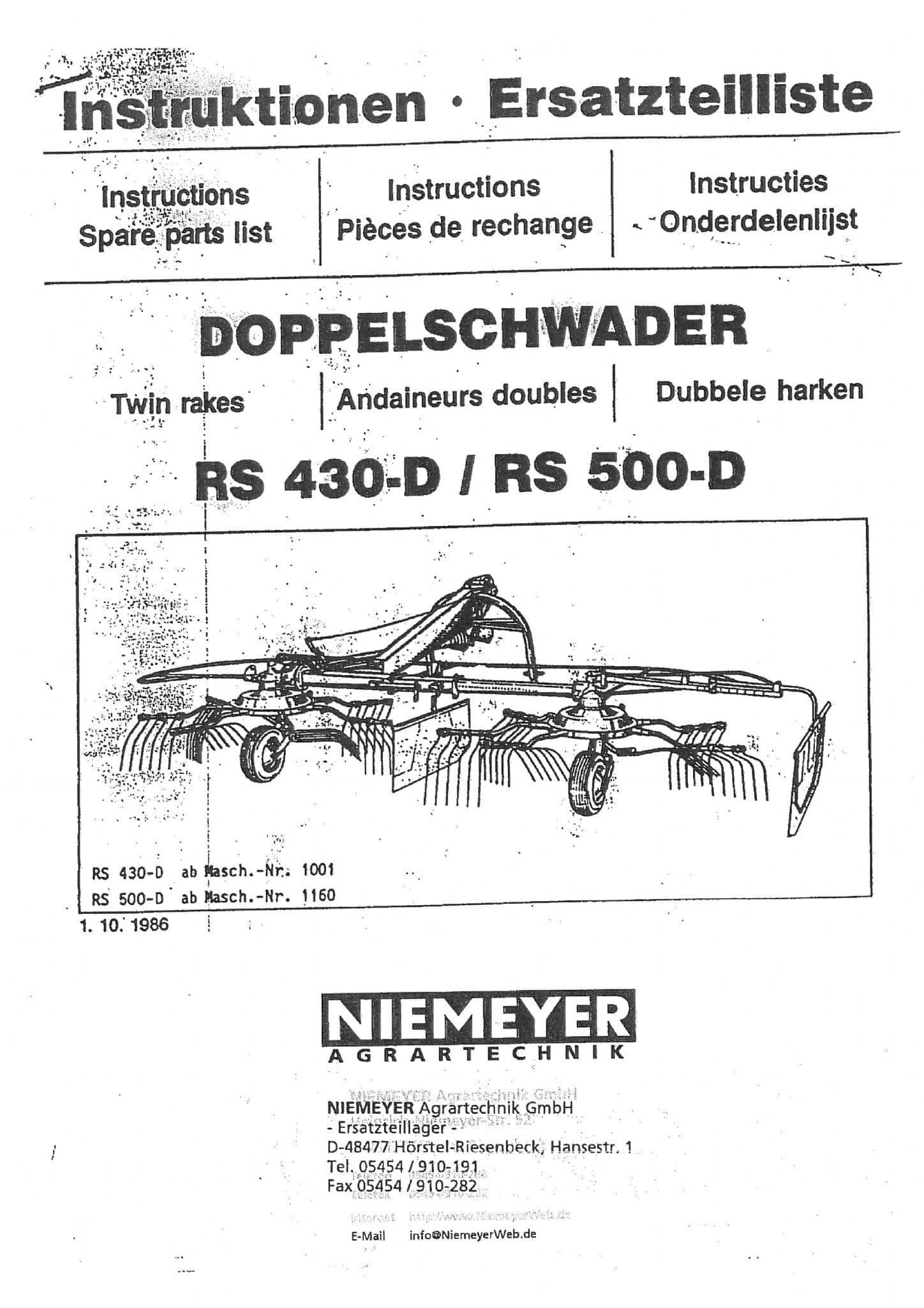 Niemeyer  Rotary Rake RS430D RS500D Parts Manual