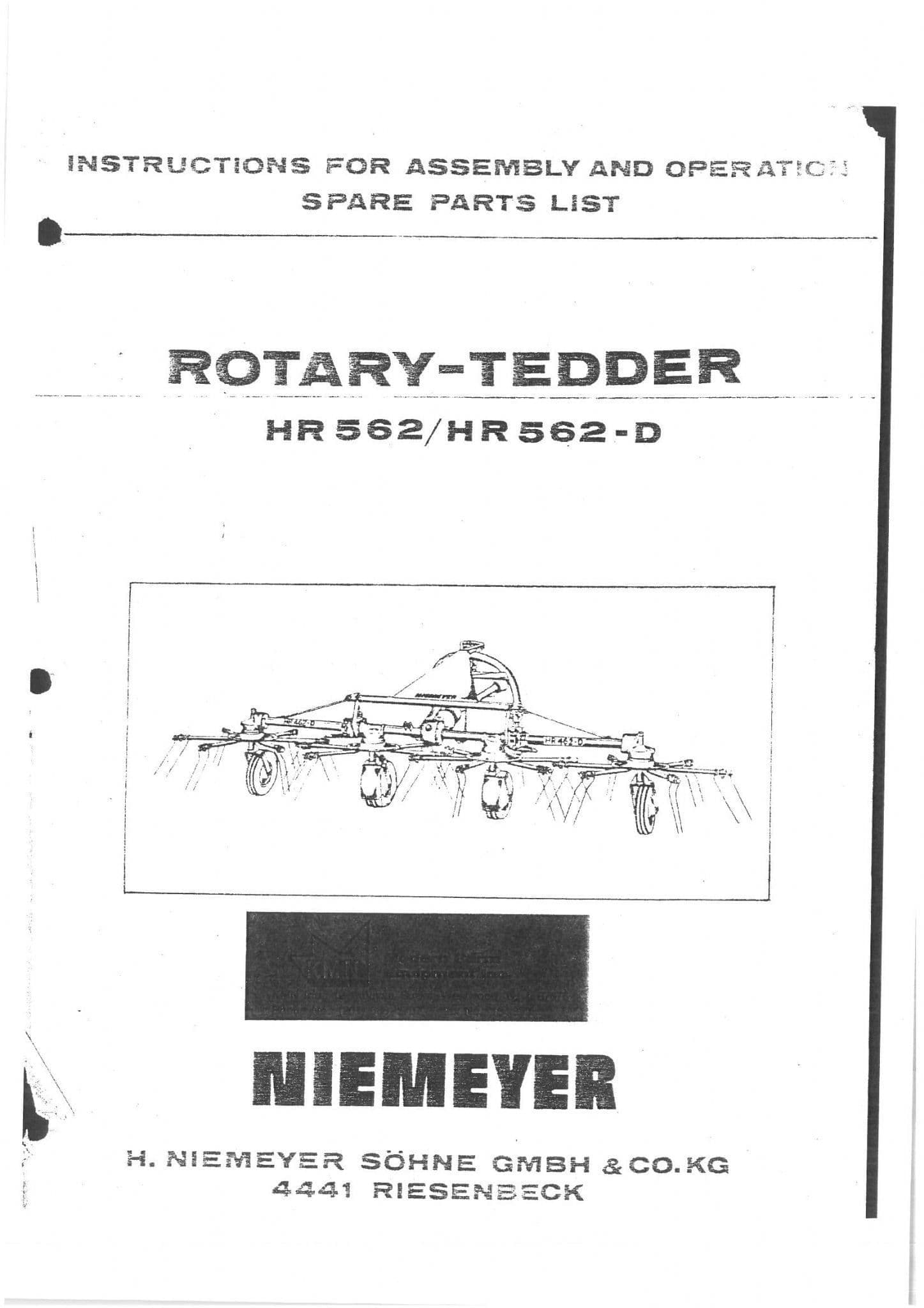 Niemeyer Rotary-Tedder HR562 & HR562-D Operators Manual & Spare Parts List - HR 562 562-D