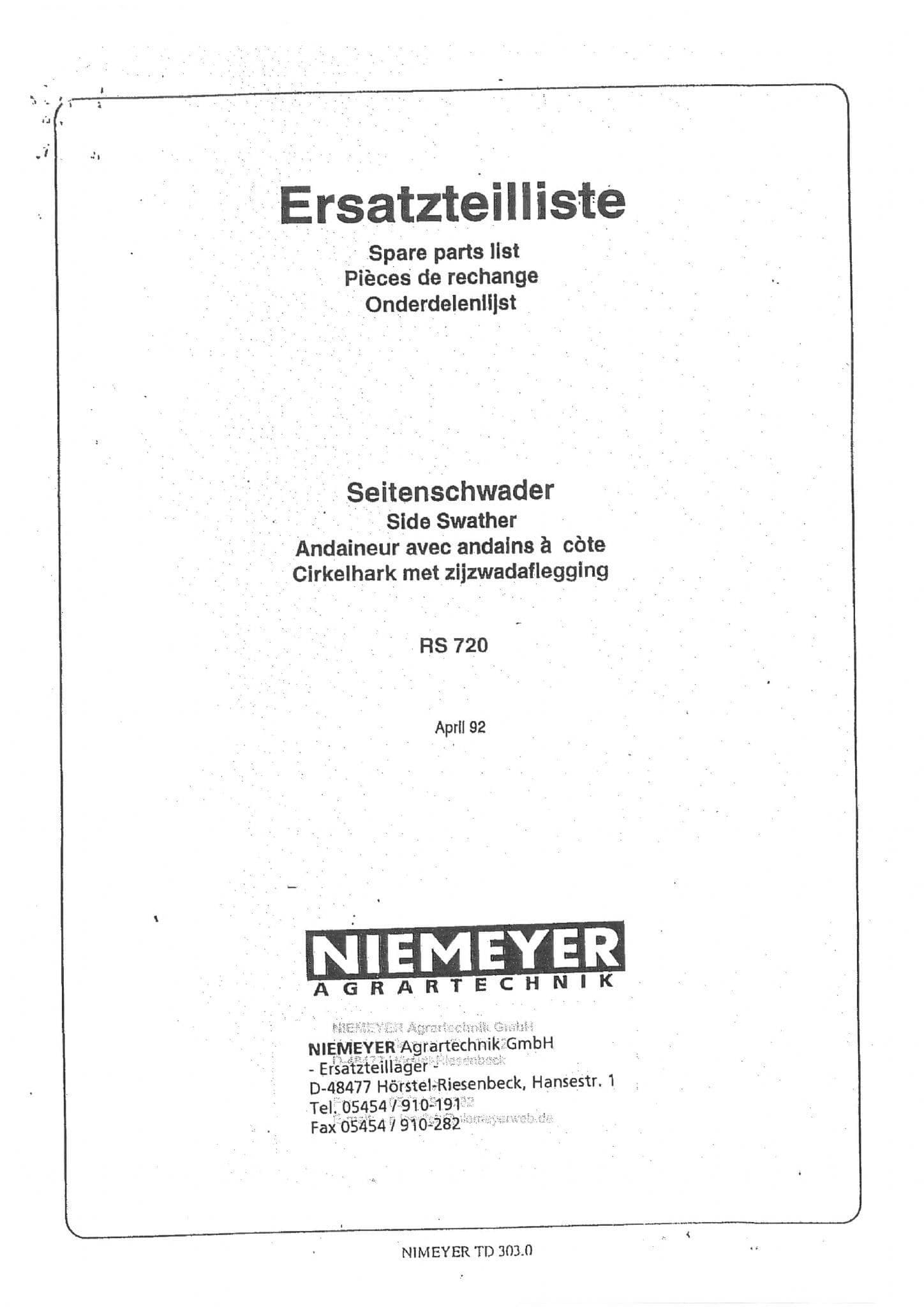 Niemeyer Side Swather RS720 Parts Manual