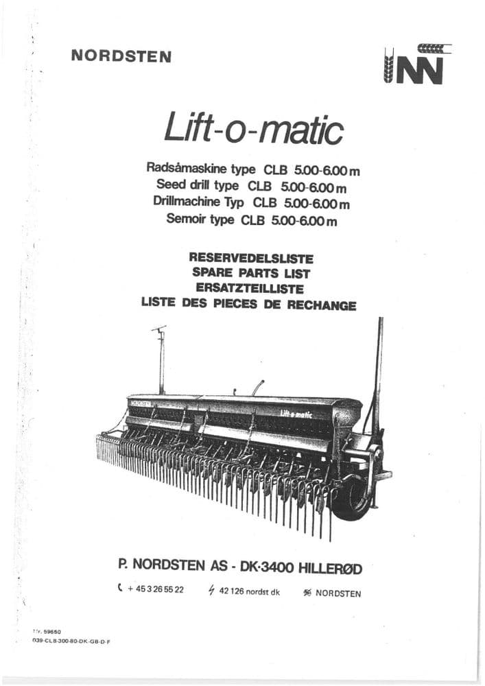 Nordsten Seed Drill Lift O Matic CLB 5m 6m Parts Manual