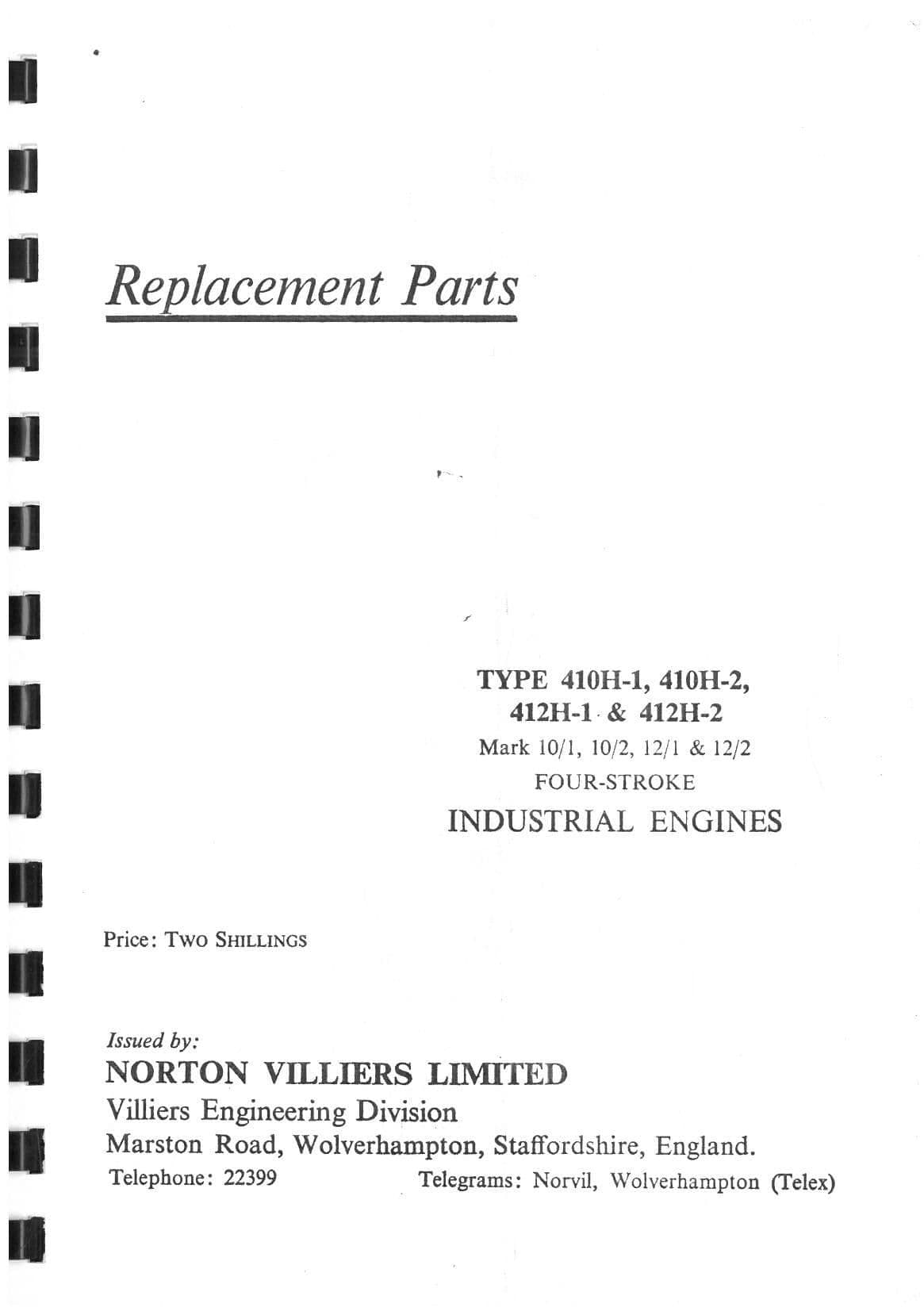 Norton Villiers Ind Engine 410H-1 410H-2 412H-1 412H-2 Mk: 10/1 10/2 12/1 12/2 Parts Manual
