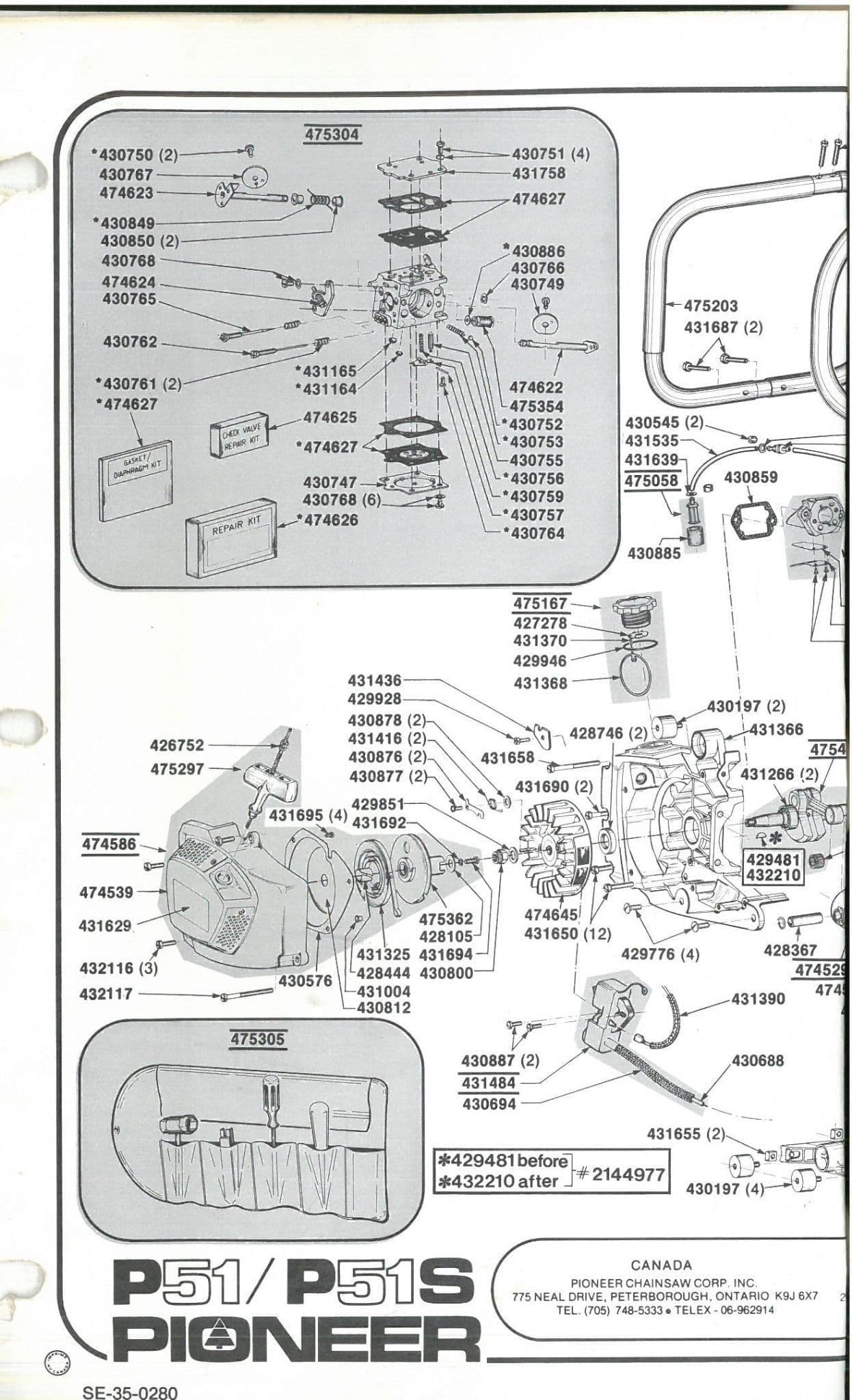 Pioneer Chainsaw Model P51 & P51S Parts Manual
