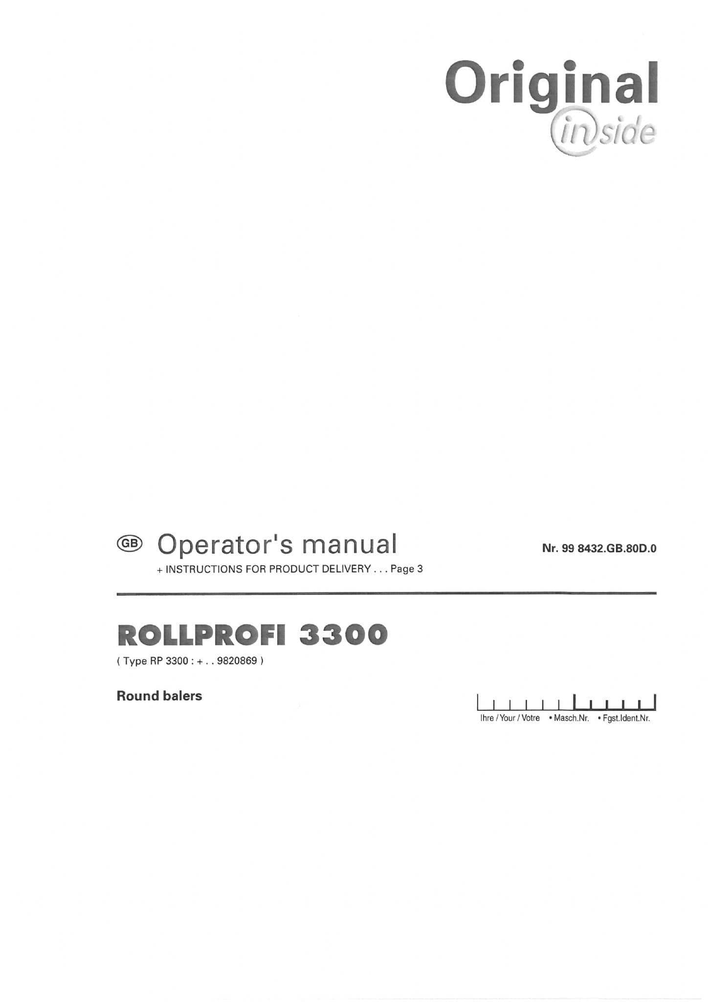 Pottinger Baler ROLLPROFI 3300 Operators Manual
