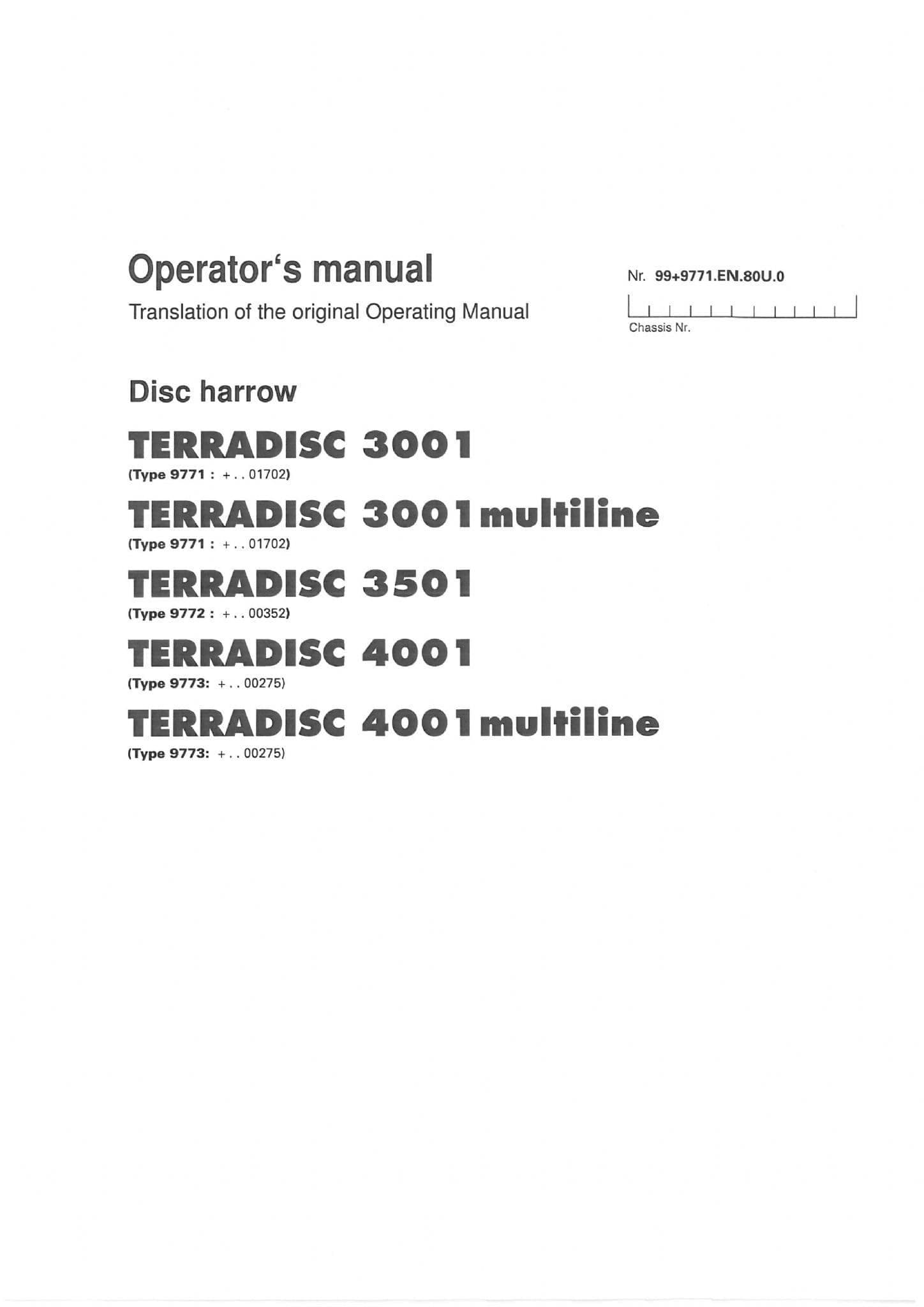 Pottinger Disc Harrow TERRADISC 3001, 3001multiline, 3501, 4001, 4001multiline Operators Manual