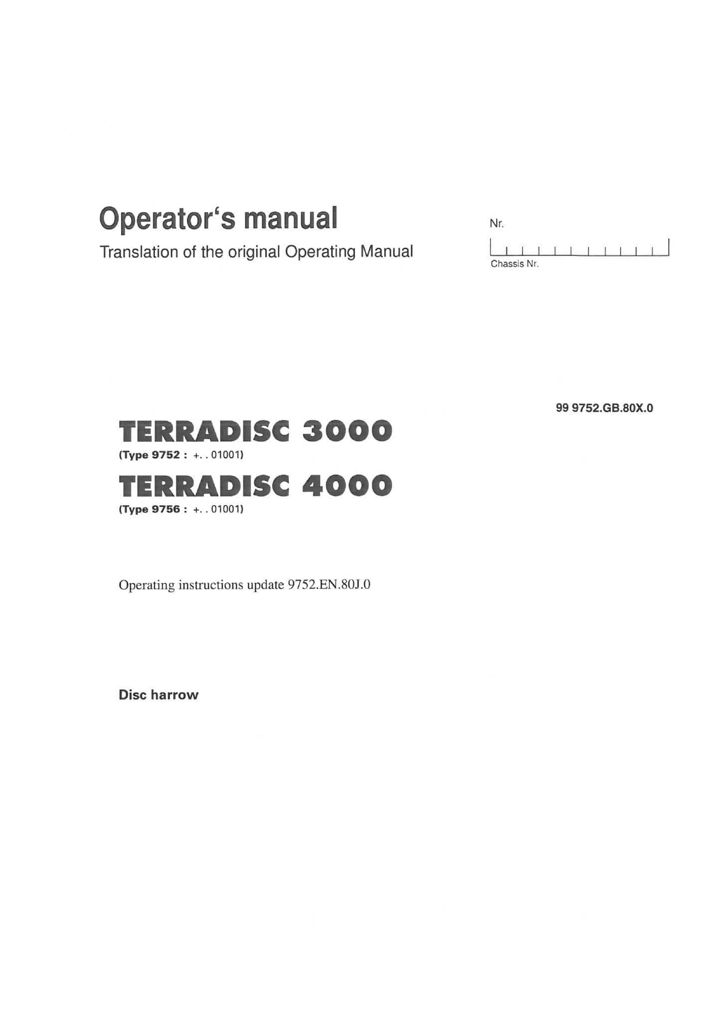 Pottinger Disc Harrow TERRADSIC 3000 4000 Operators Manual