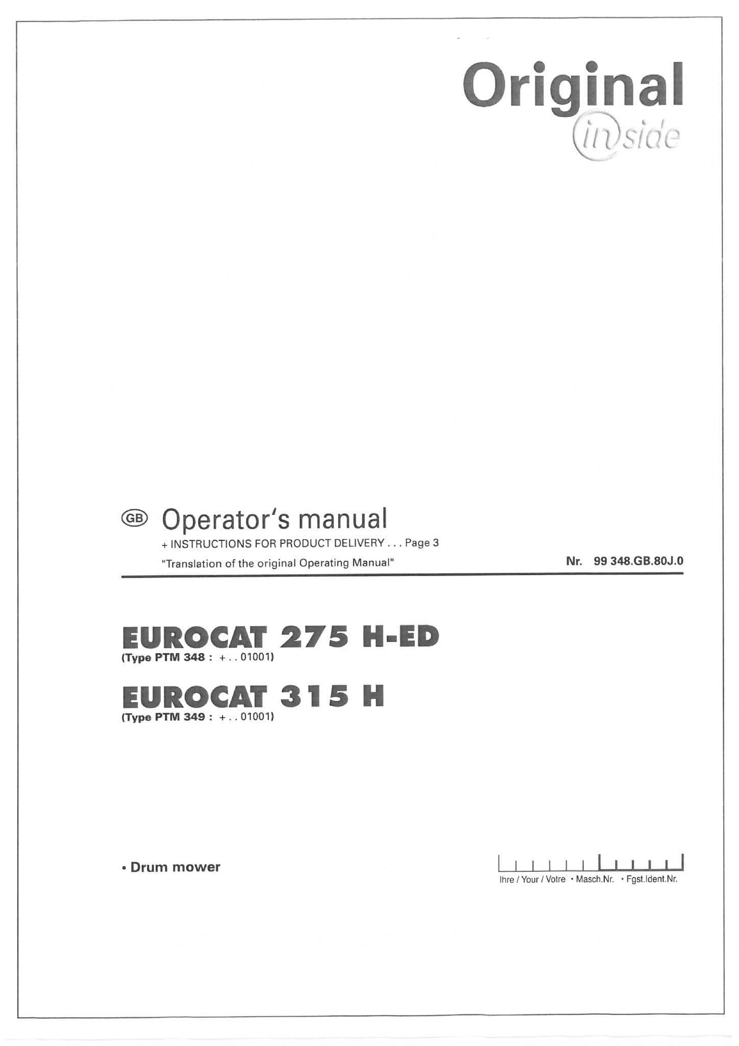Pottinger Disc Mower Eurocat 275HED 315H Operators Manual