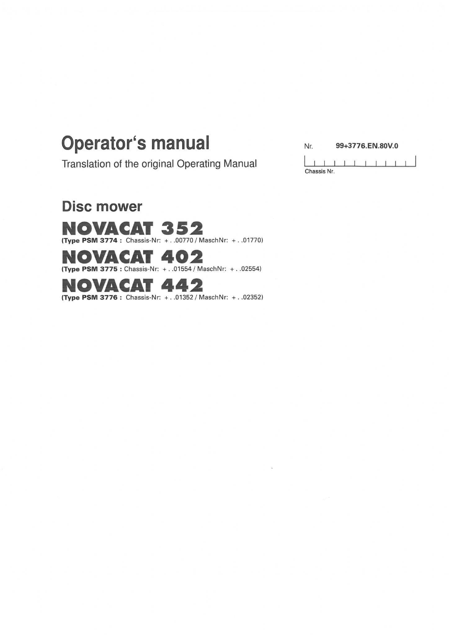 Pottinger Disc Mower Novacat 352 402 442 Operators Manual
