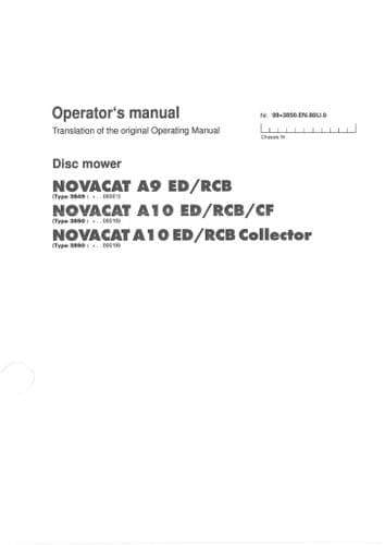 Pottinger Disc Mower Novacat A9ED A9RCB A10ED A10RCB A10CF RCB Collector Operators Manual