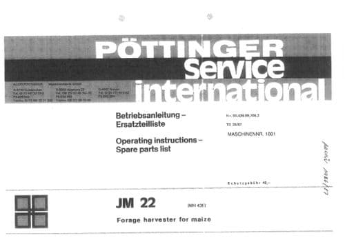 Pottinger Forage Harvester JM22 Operators Manual and Spare Parts List