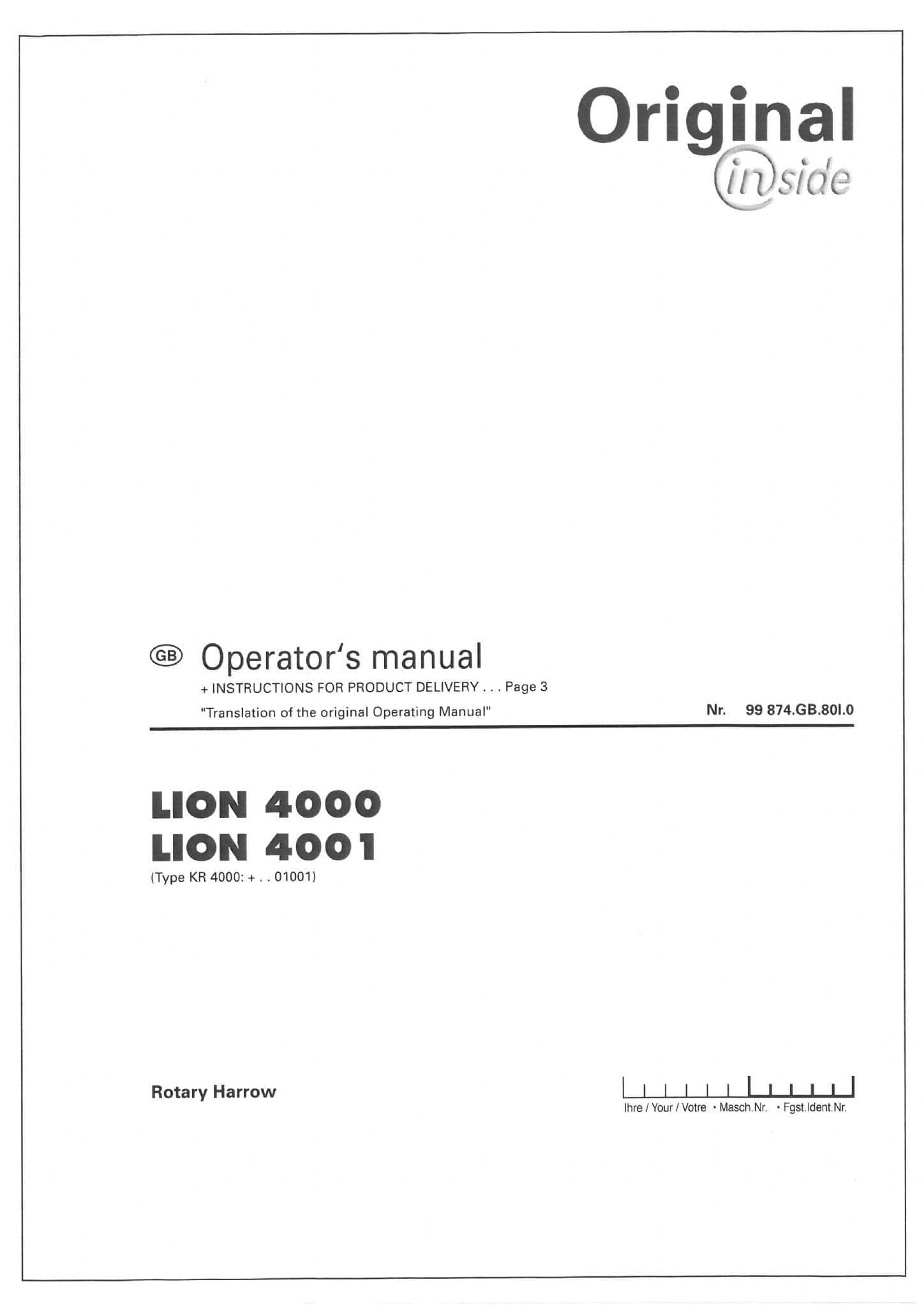 Pottinger Harrow LION 4000 4001 Operators Manual