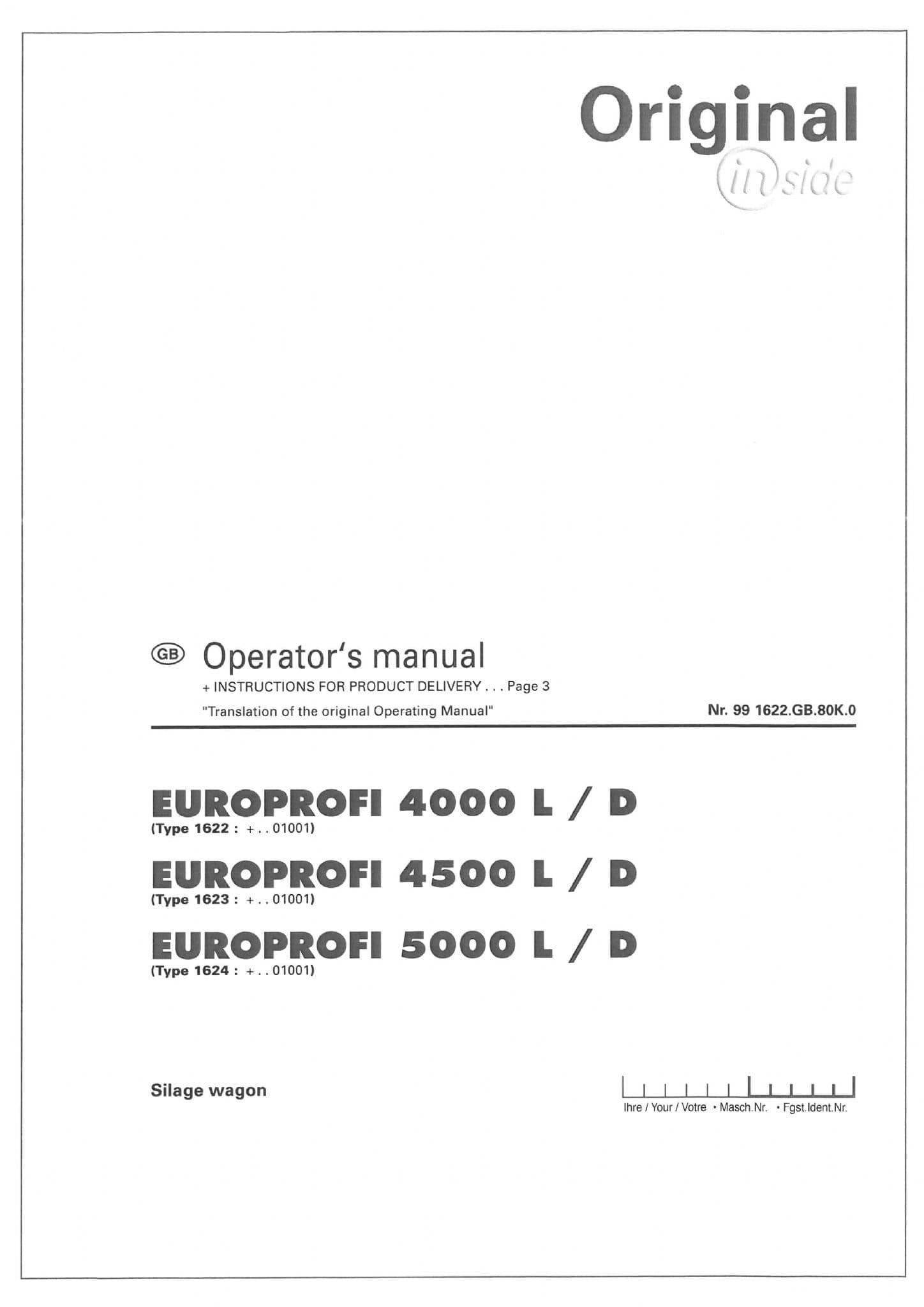 Pottinger Loader Wagon Europrofi 4000L 400D 4500L 4500D 5000L 5000D Operators Manual