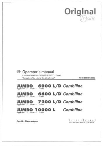 Pottinger Loader Wagon Jumbo 6000L 6000D 6600L 6600D 7200L 7200D 10000L Combiline Operators Manual