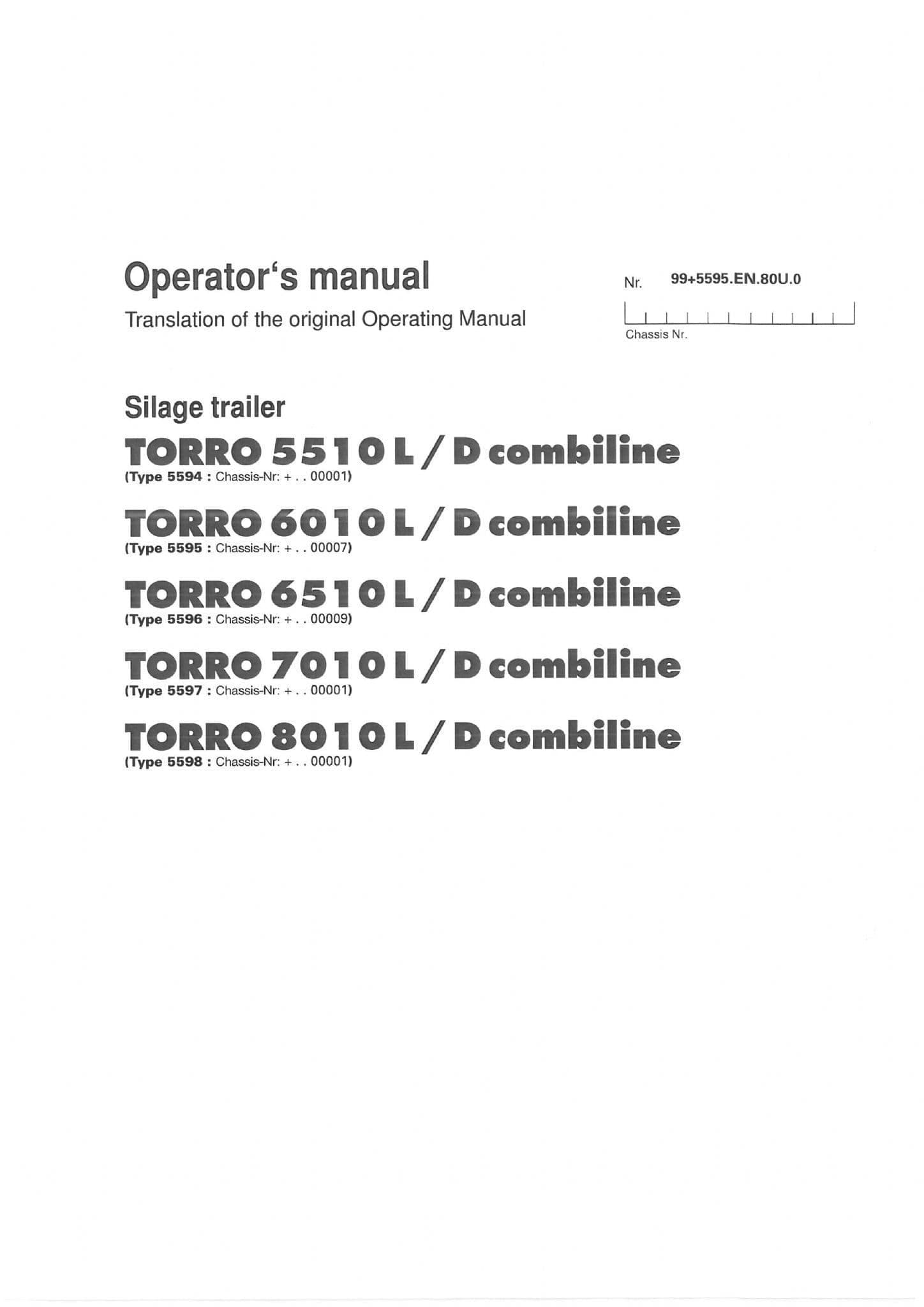 Pottinger Loader Wagon Torro 5510L 6010L 6010D 6510L 7010L 7010D 8010L Combiline Operators Manual