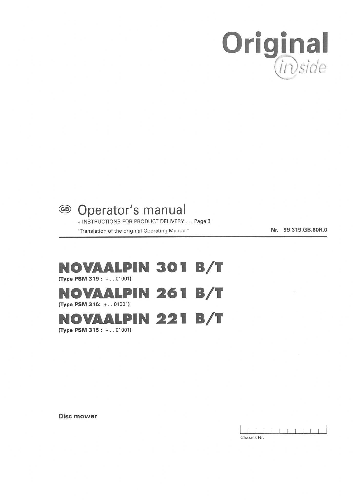 Pottinger Rotary Mower Nova Alpin 301B 301T 261B 261T 221B 221T Operators Manual