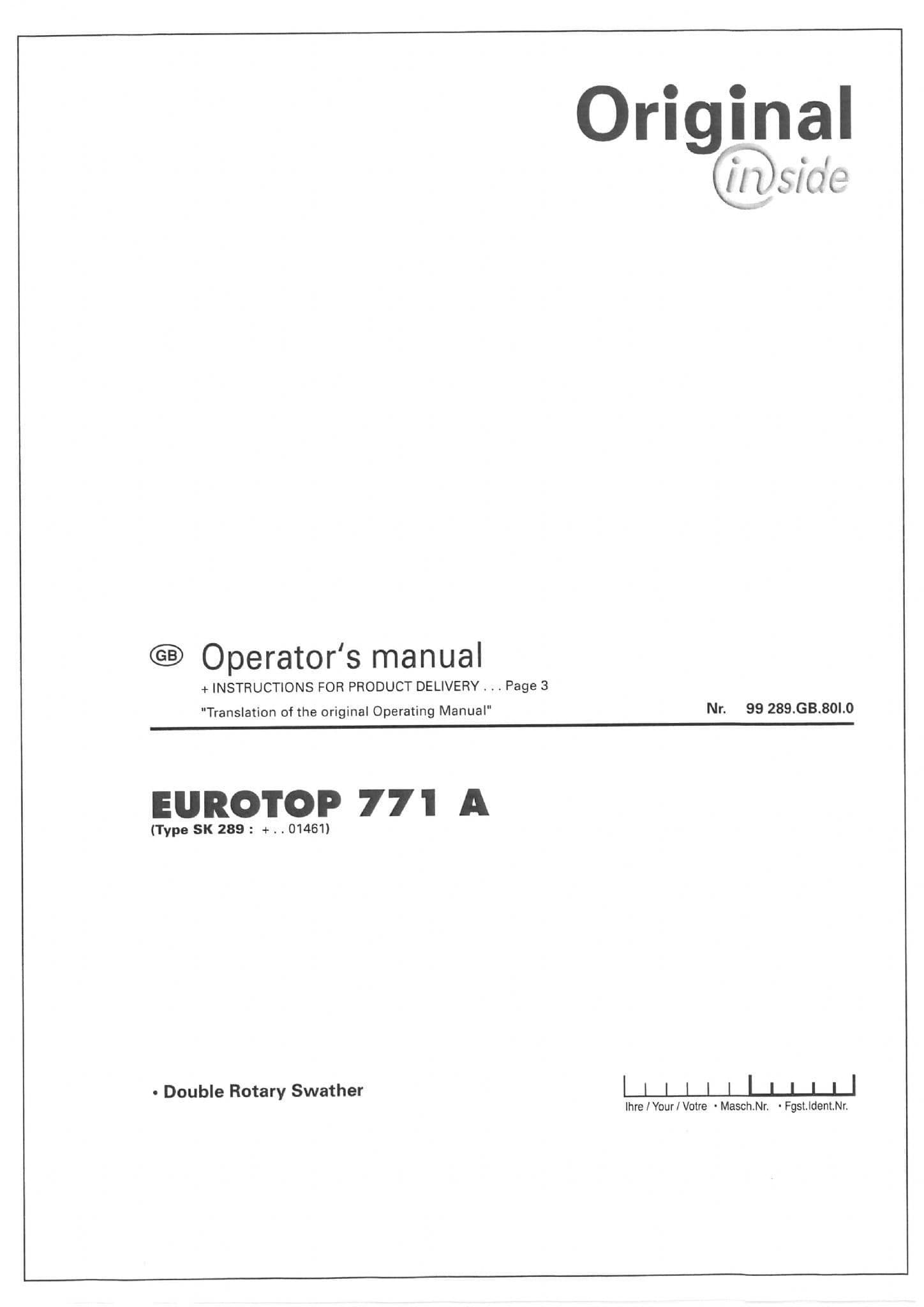 Pottinger Rotary Swather EUROTOP 771 A Operators Manual