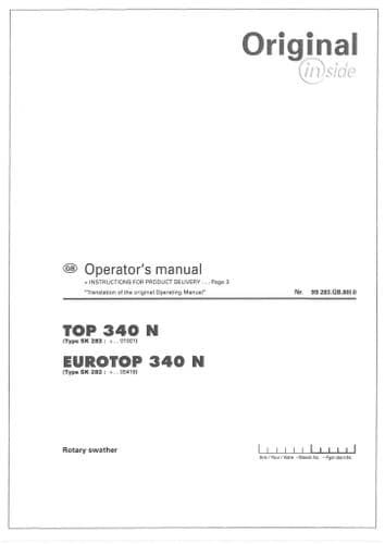 Pottinger Rotary Swather TOP 340 N, EUROTOP 340 N Operators Manual