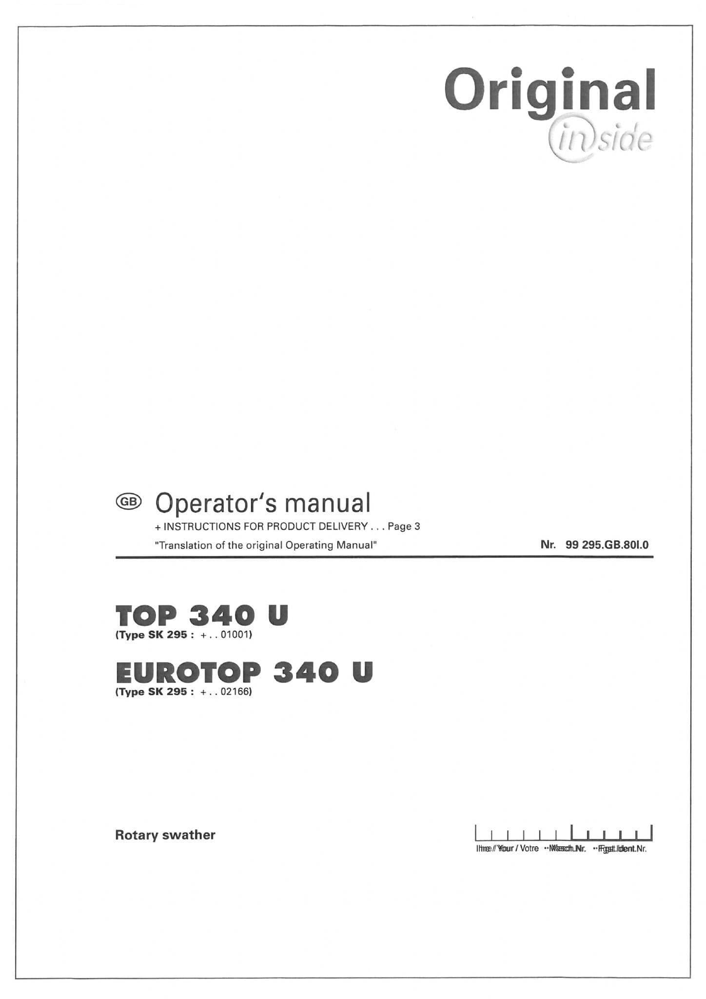 Pottinger Rotary Swather TOP 340 U, EUROTOP 340 U Operators Manual