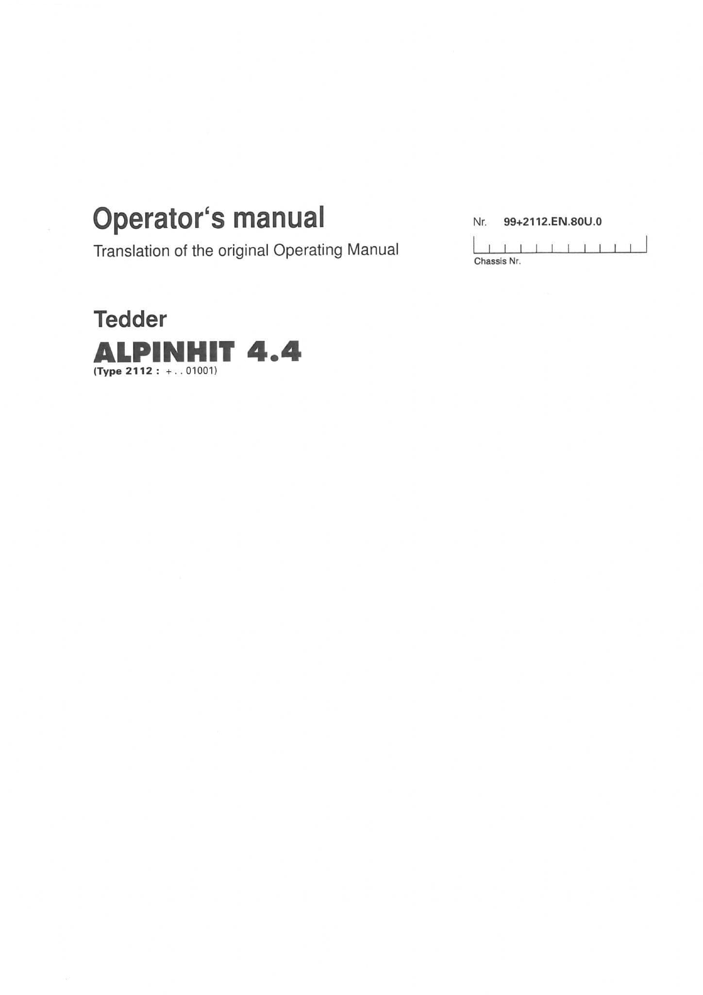 Pottinger Rotary Tedder HIT 44 alpin, ALPINHIT 44 Operators Manual