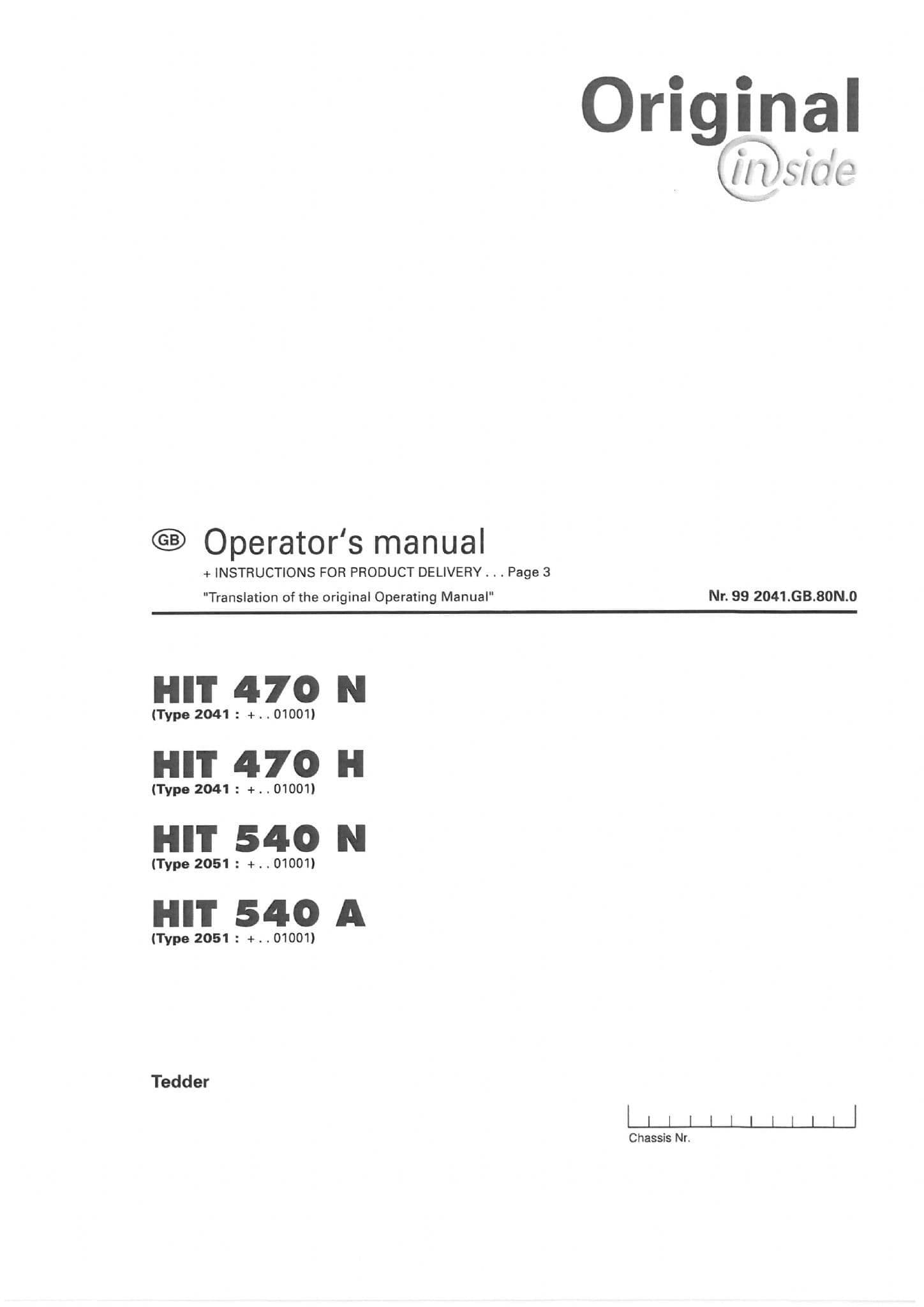 Pottinger Rotary Tedder HIT 470N 470H 540N 540A Operators Manual