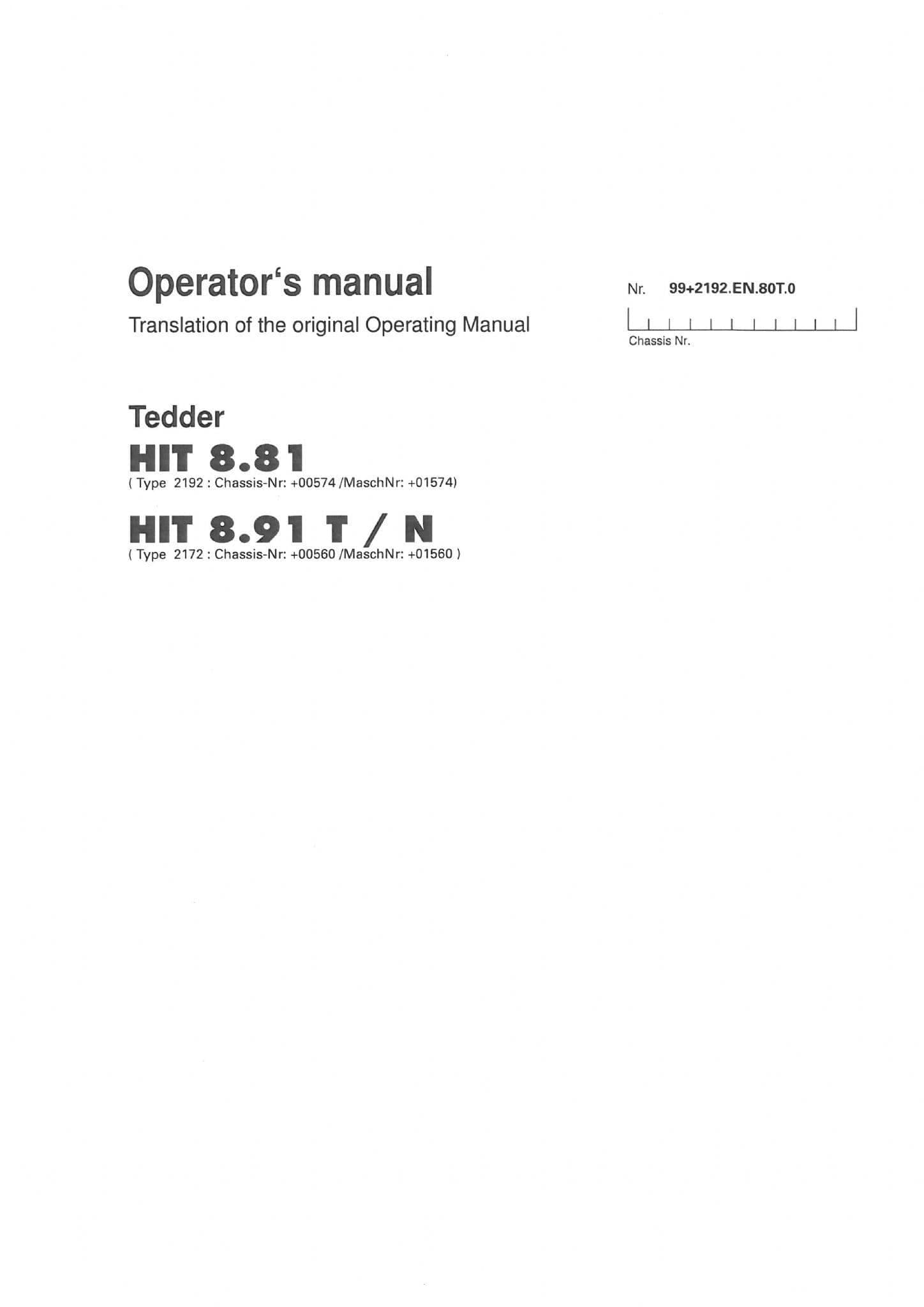 Pottinger Rotary Tedder HIT 8.81 HIT 8.91 T N Operators Manual